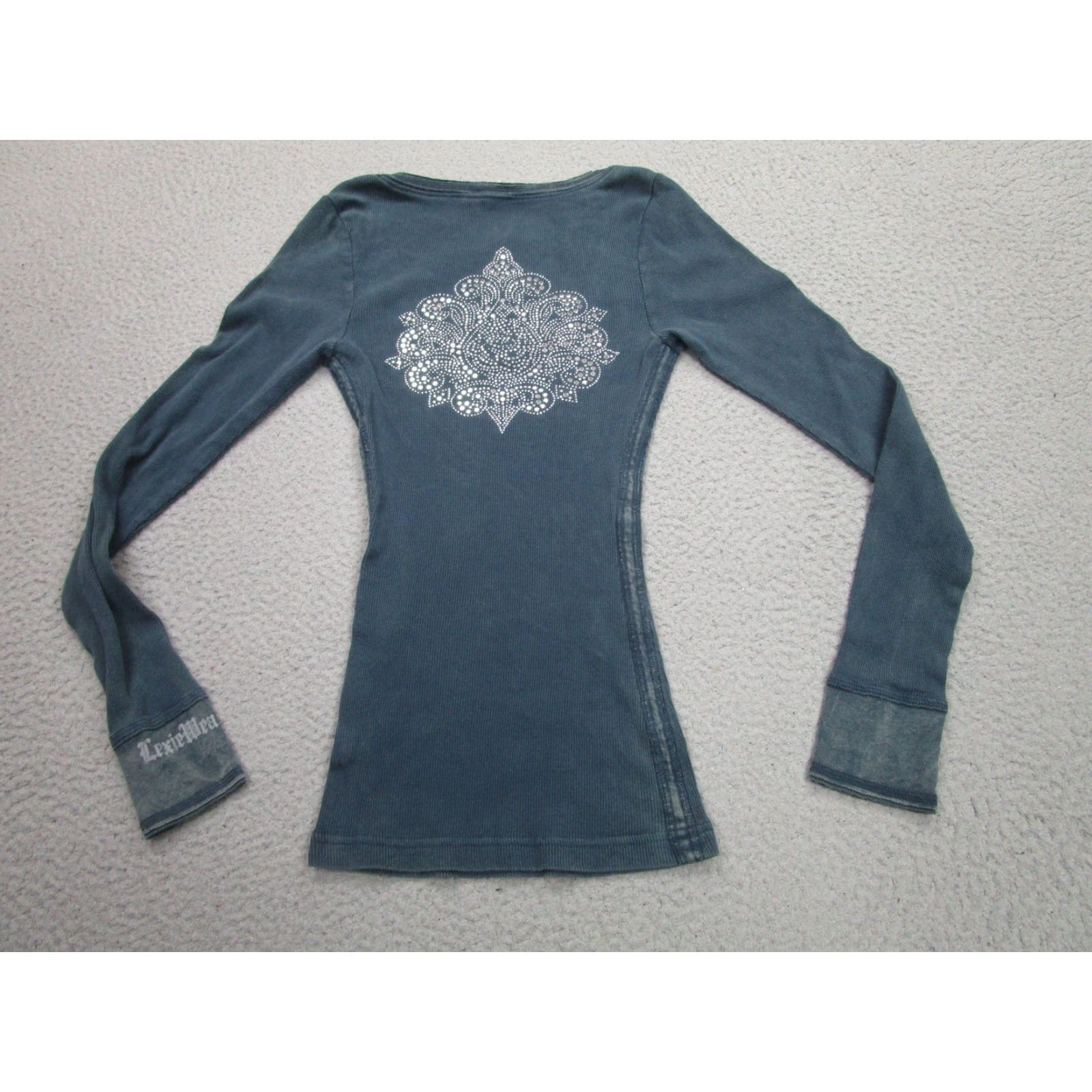 Vintage Y2k Thermal Shirt Womens M Blue Ribbed Fitted Long Sleeve Rhinestone Bella Fairy T-Shirt Slim 100% Cotton V-Neck Womens Size M / US 6-8 / IT 42-44 - 2 Thumbnail