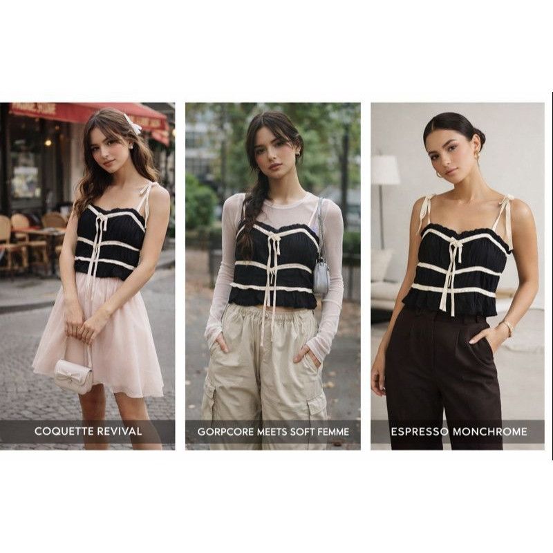 Other Thirty/Thirty Black White Trim Ruched Top S Coquette Fairy W Size S / US 4 / IT 40 - 1 Thumbnail