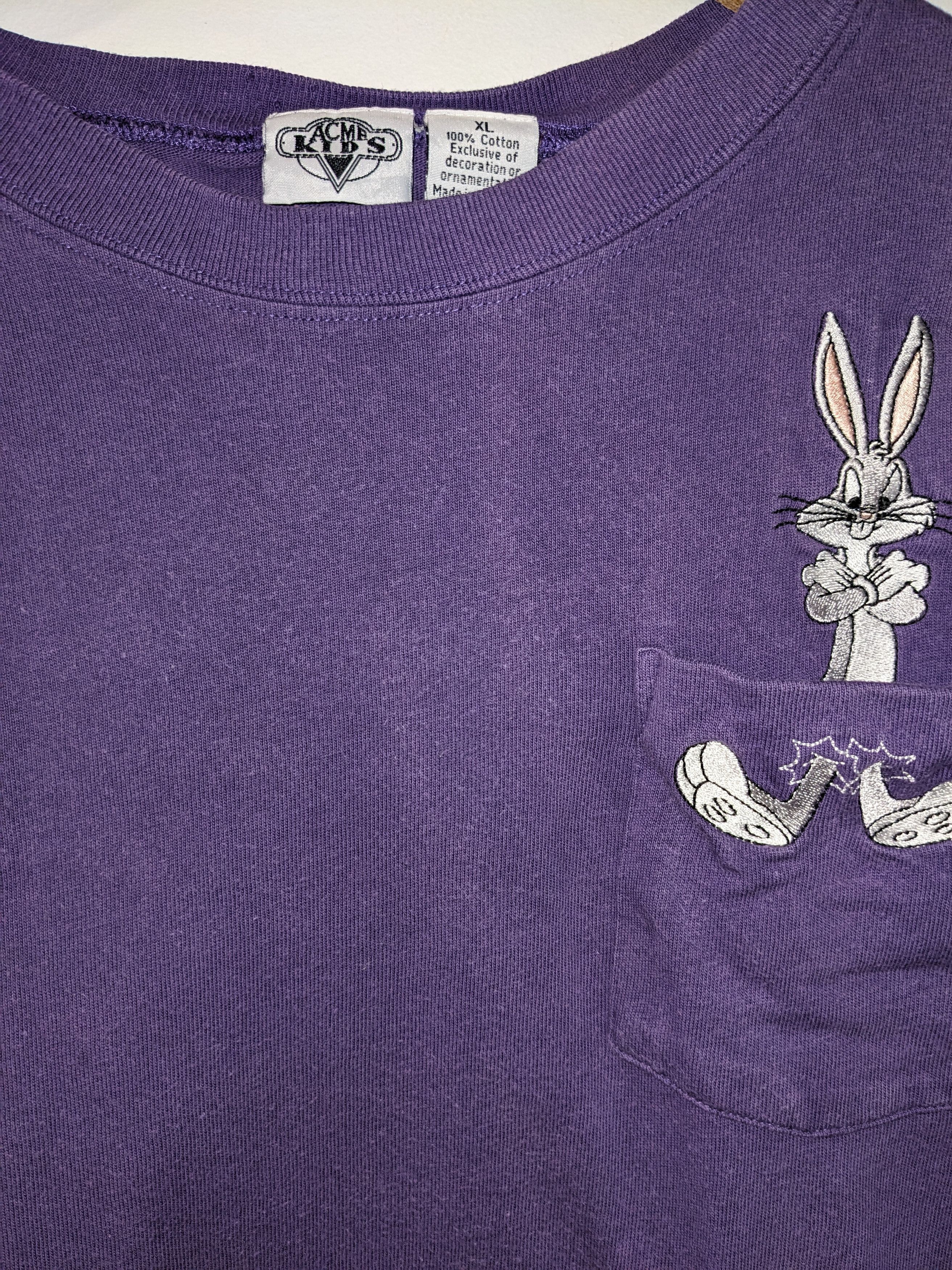 Cartoon Network Vintage 90s Bugs Bunny Pocket Kids X-Large Purple T-Shirt Size US XL / EU 56 / 4 - 4 Thumbnail