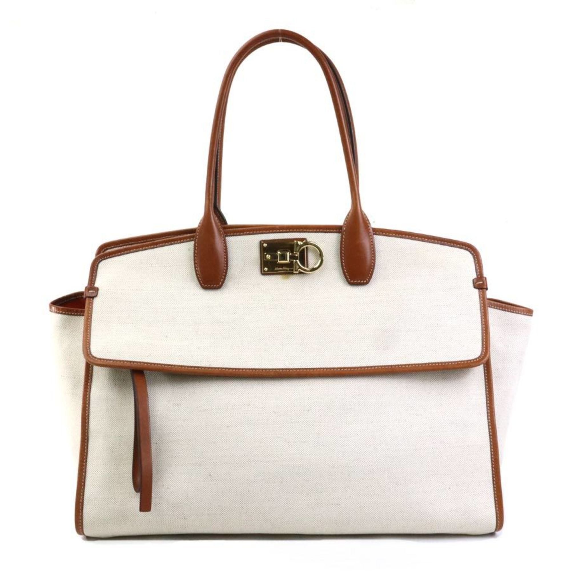 Salvatore Ferragamo Salvatore Ferragamo Handbag Gancini Canvas Leather Ivory x Brown Men's Women's 55976g Size ONE SIZE - 1 Thumbnail