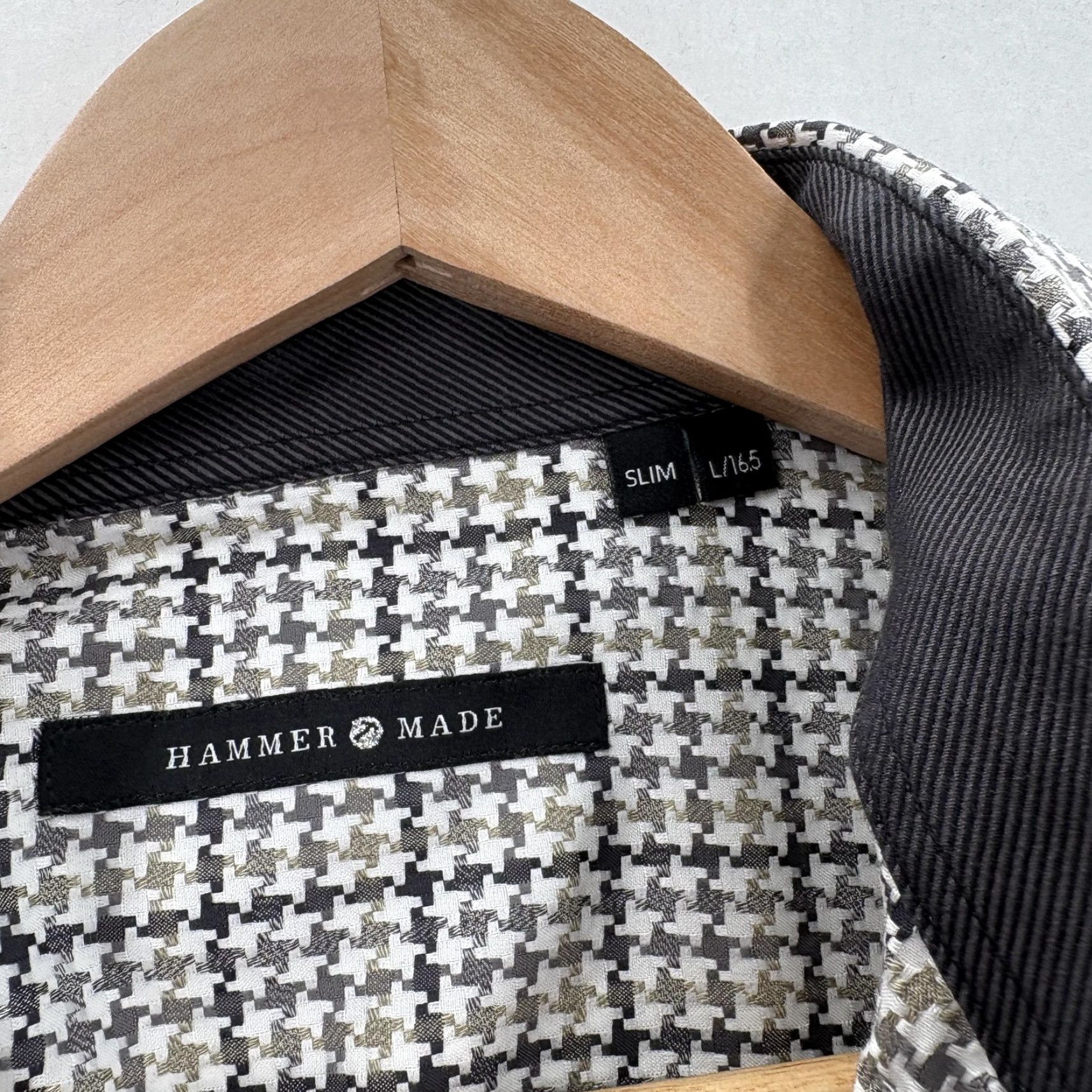 Vintage Hammer Made Shirt Mens Large Gray Houndstooth Slim Button Front Contrast Cuff Size US L / EU 52-54 / 3 - 5 Thumbnail