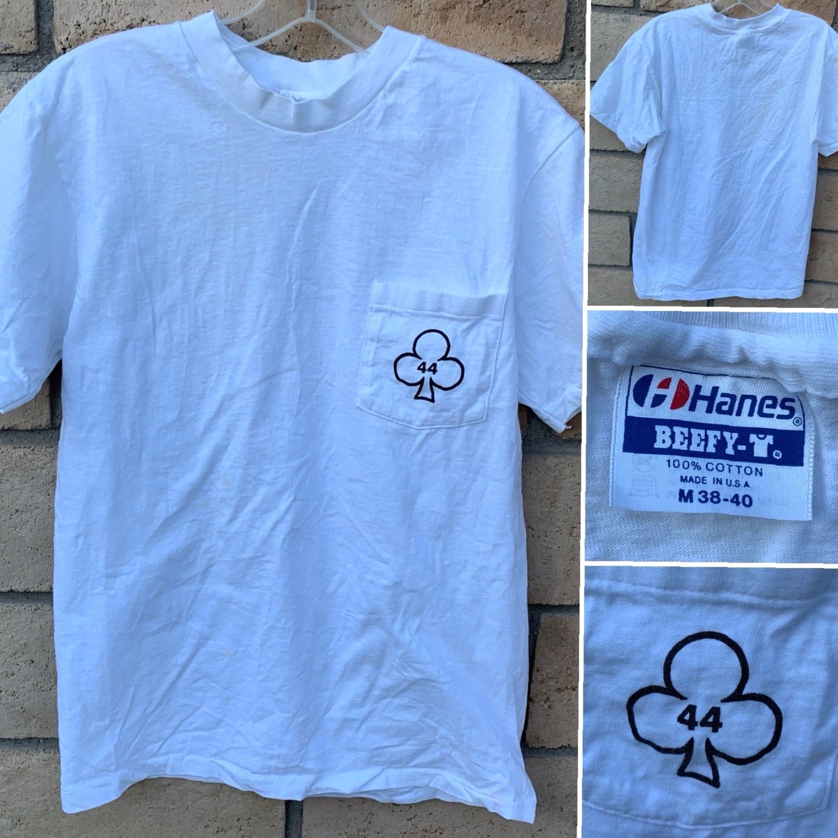 Hanes VINTAGE Hanes Beefy-T 44 Ace of Clubs Pocket T Shirt Mens M White Cotton Single Stitch Graphic Print 1980s Size US M / EU 48-50 / 2 - 2 Thumbnail
