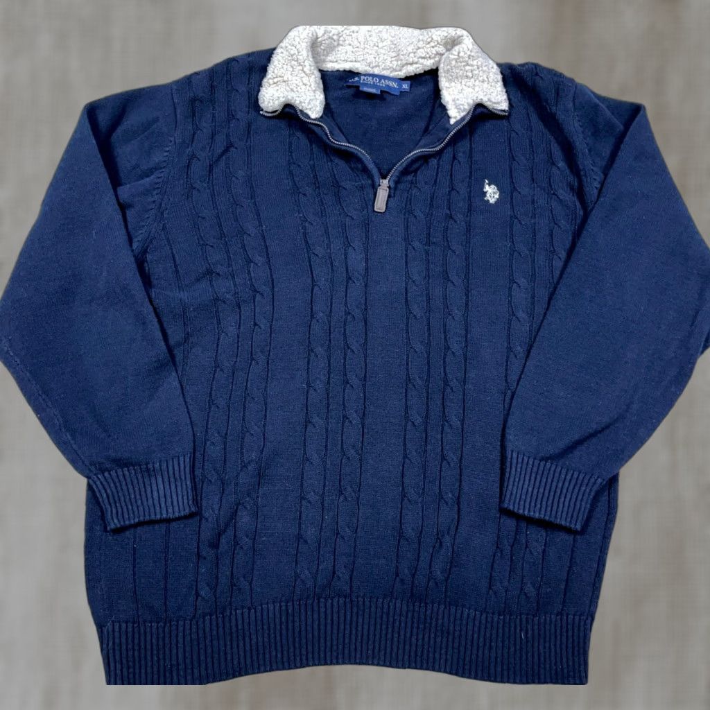 Vintage US Polo Assn Sweater Men XL Navy Blue Pullover Cable Knit Grandpa Quarter Zip Size US XL / EU 56 / 4 - 1 Thumbnail