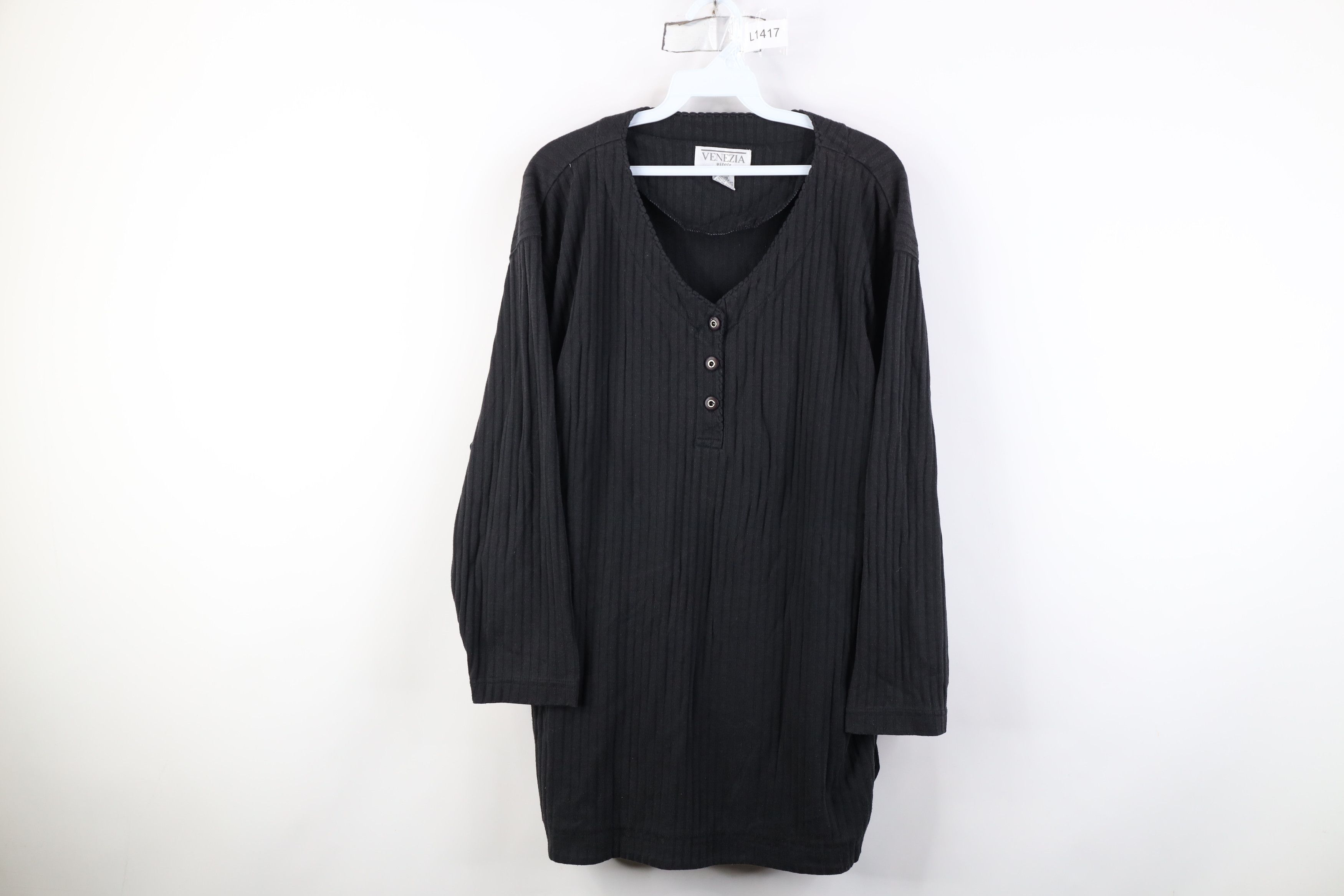 Vintage Vintage 90s Streetwear Ribbed Henley Tunic T-Shirt Black Size 3XL / US 20-22 - 1 Thumbnail