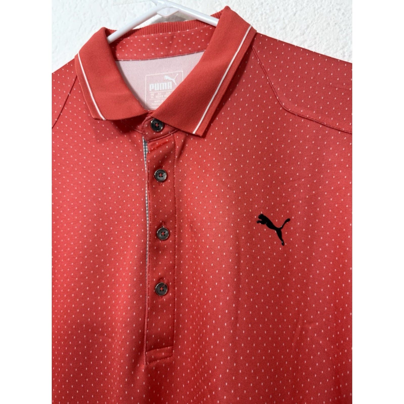 Puma Puma Polo Shirt Men XL Pink Salmon Dot Baseball-Style Polo Shirt For Golf, Beach, Driving - Puma Sportlifestyle Beach & Golf Polo Mens XL Pink Size US XL / EU 56 / 4 - 7 Thumbnail