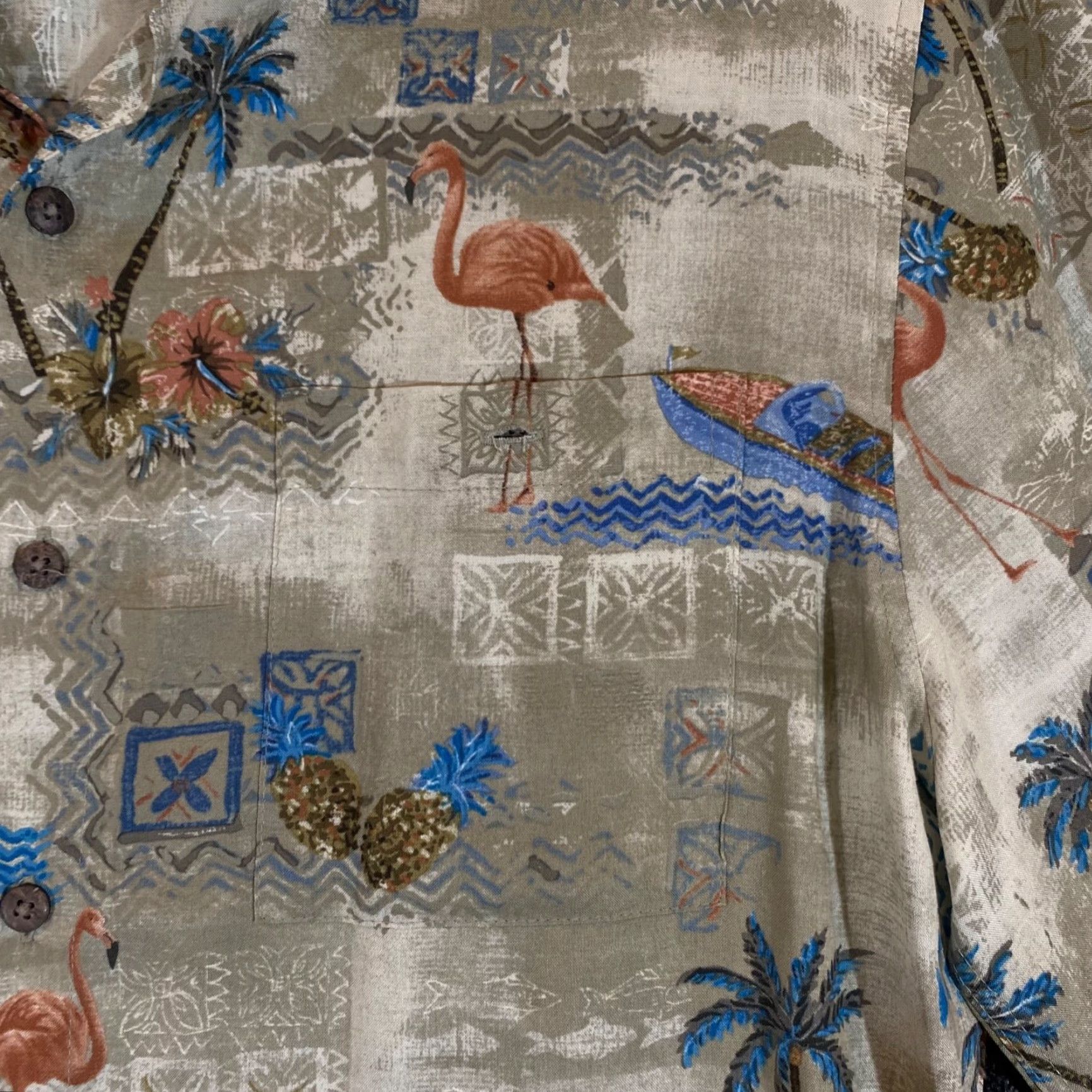 Vintage Patrick Bay Men's Hawaiian Shirt Medium Short Sleeve Button-Down Flamingo Pineapple Casual All Seasons Size US M / EU 48-50 / 2 - 4 Thumbnail