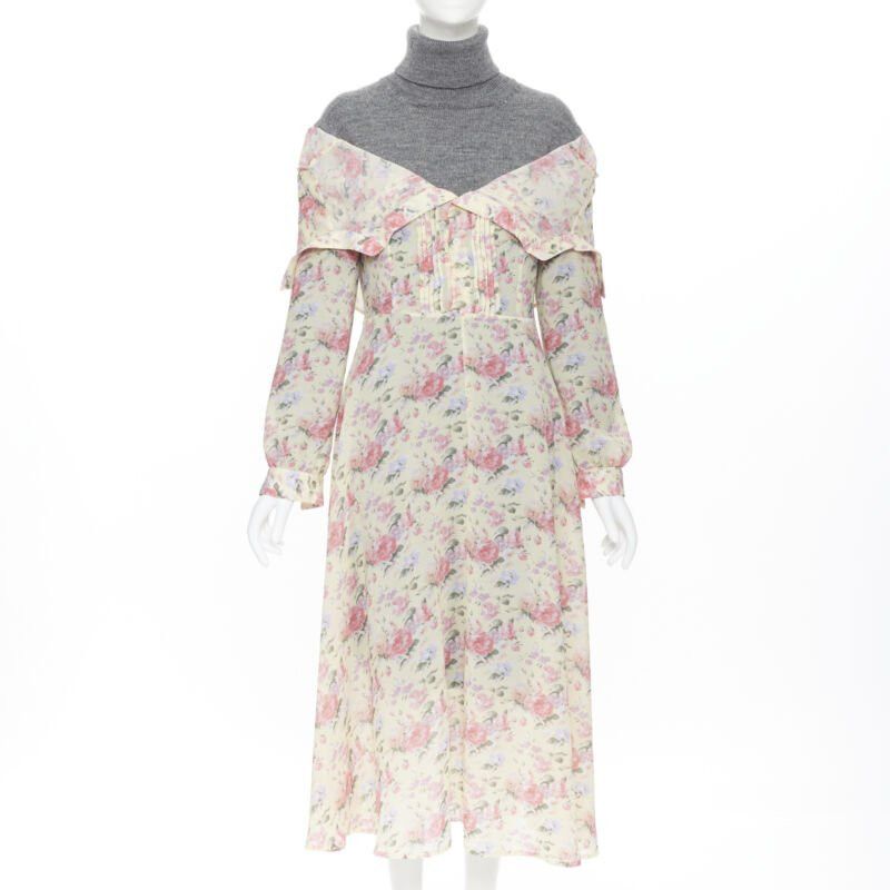 Junya Watanabe JUNYA WATANABE CDG AW18 Runway grey wool turtleneck yellow floral dress XS Size XS / US 0-2 / IT 36-38 - 1 Thumbnail