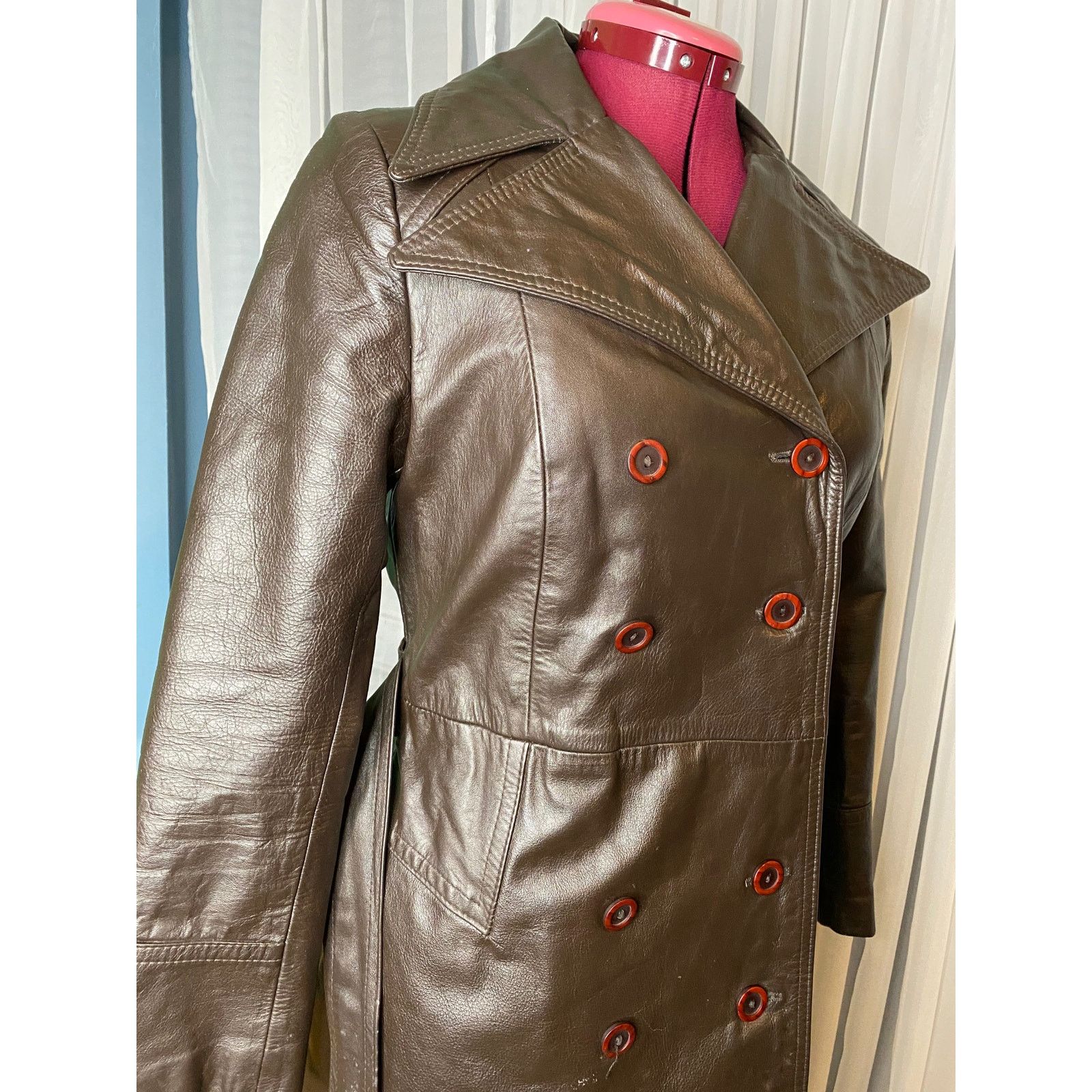 Vintage leather trench coat brown double breasted Vintage 1970s sz 7 Size S / US 4 / IT 40 - 12 Thumbnail