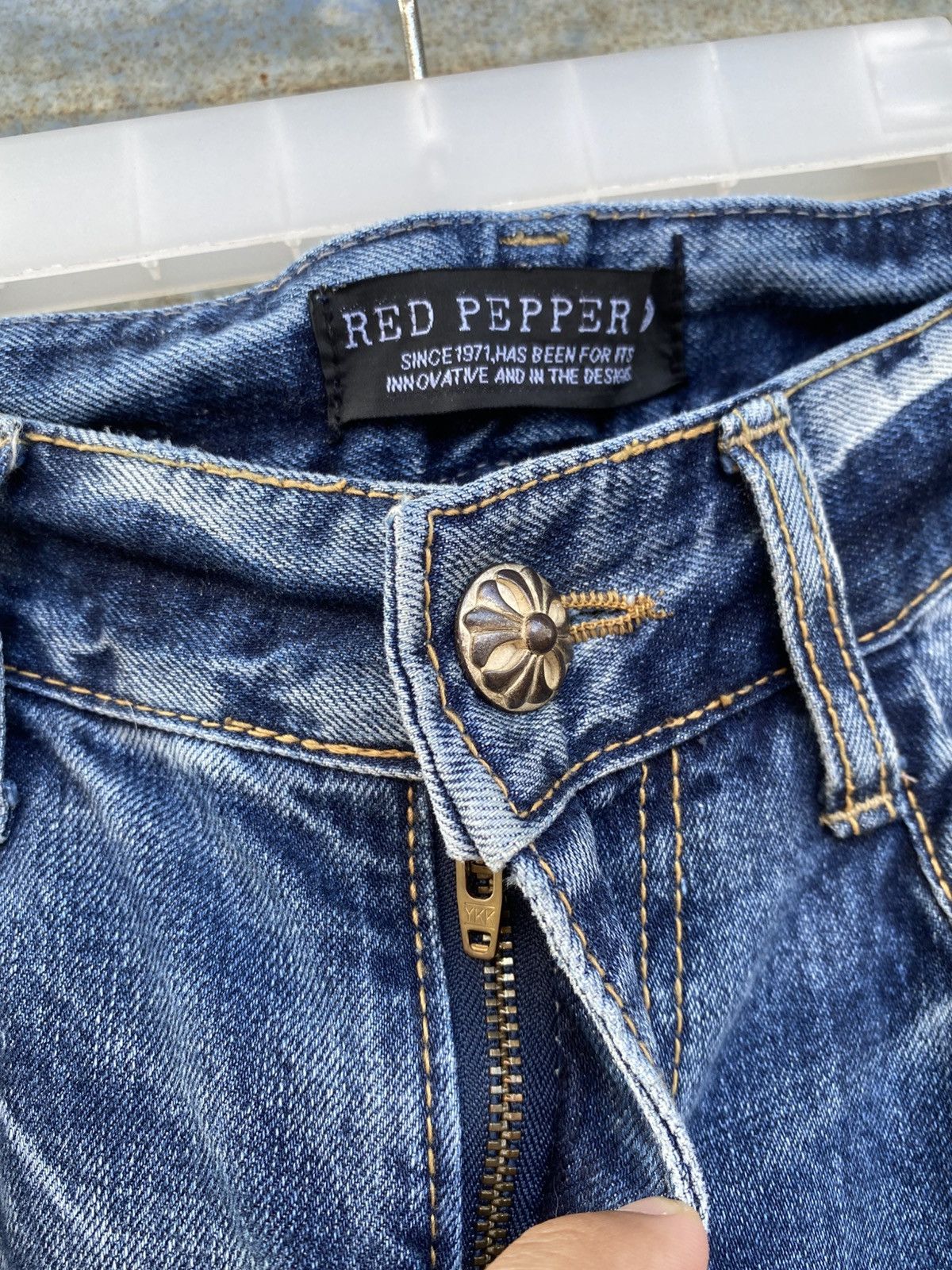 Japanese Brand Y2K Red Pepper Wing Motif Union Jack Denim Pants Size US 33 - 5 Thumbnail