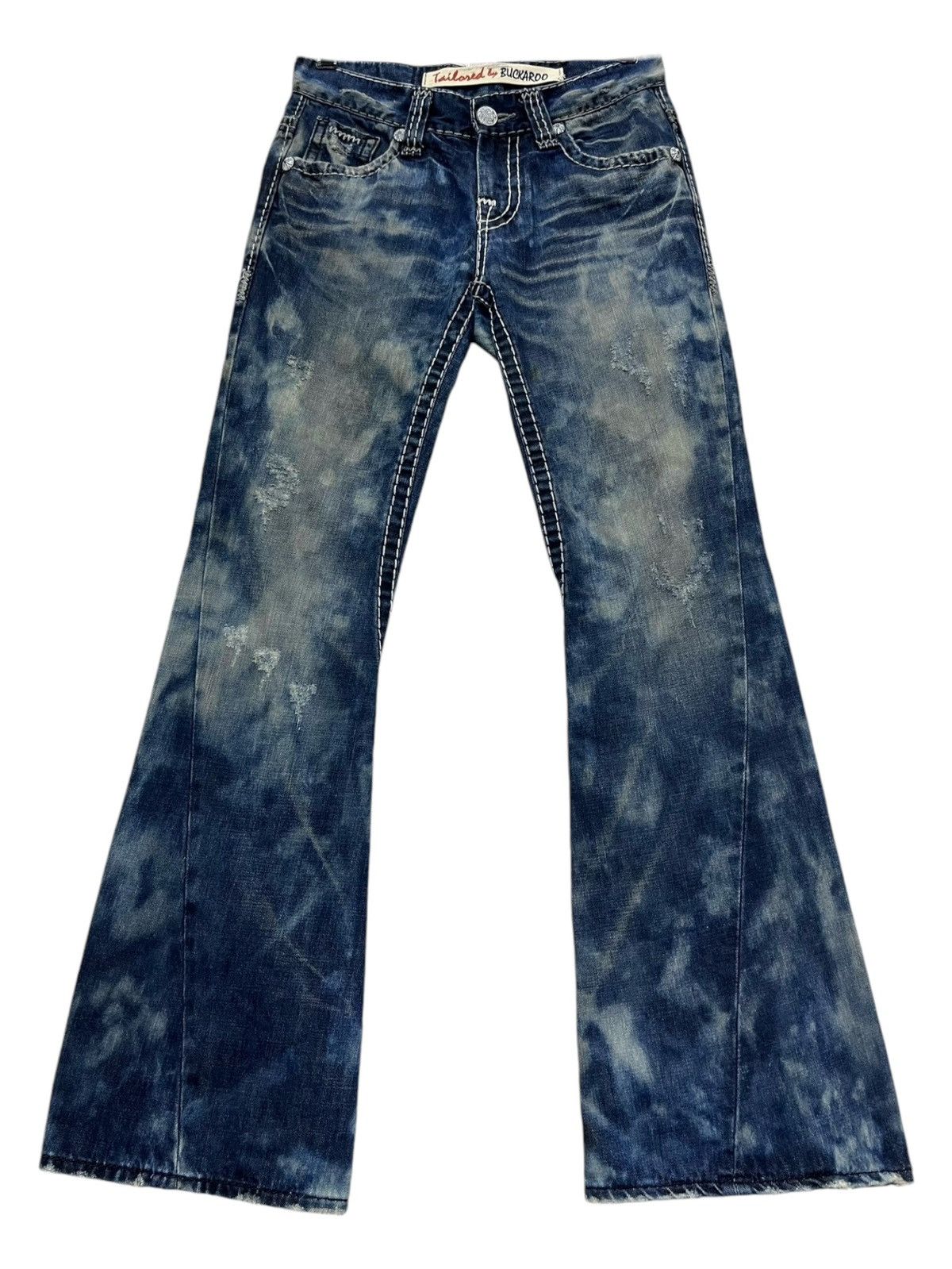 BUCKAROO ULTRA SICK🔥Mudmax Indigo Bleach Wash Big Stitch FLARE Denim Size US 29 - 1 Thumbnail