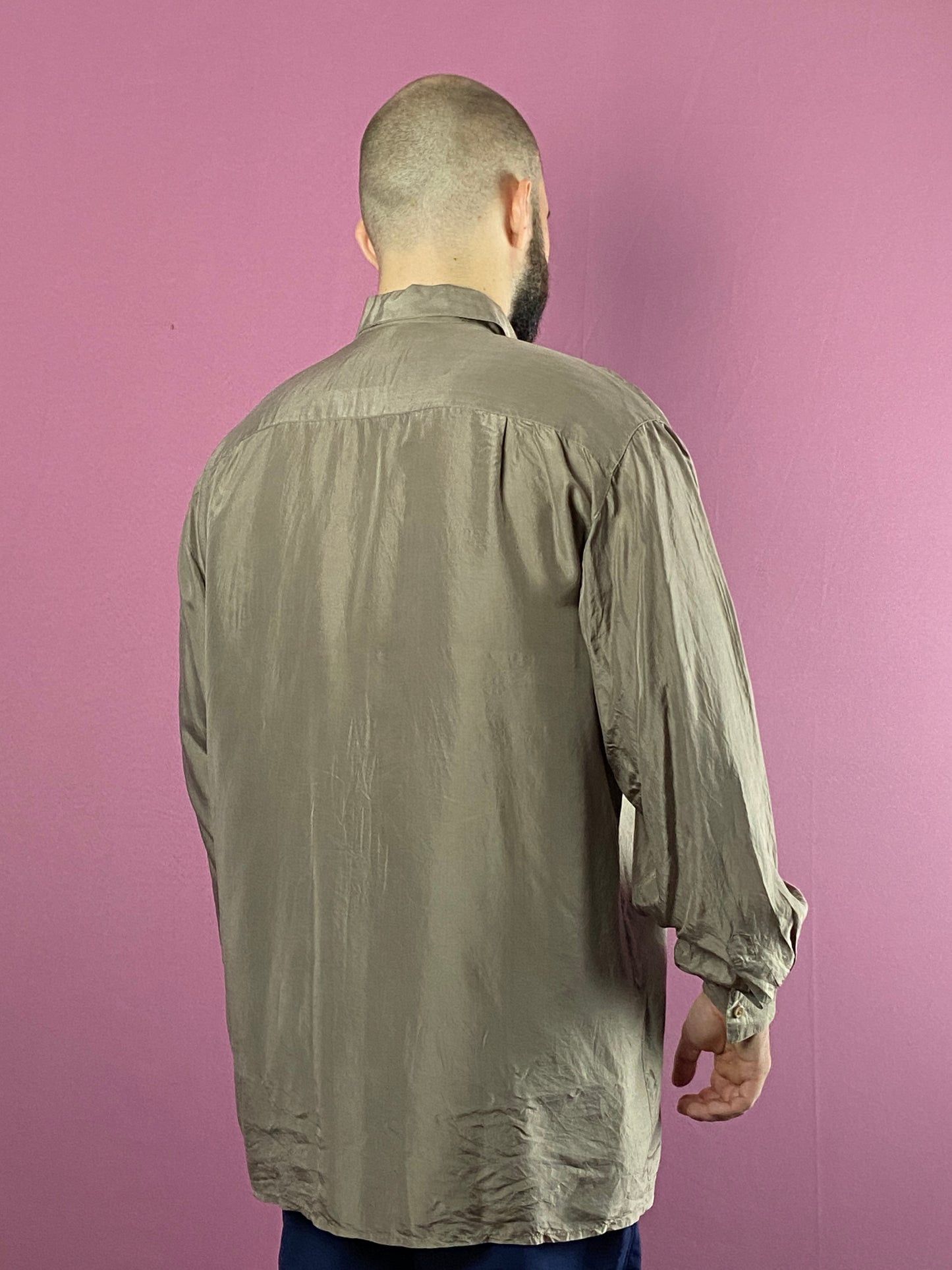 Designer × Vintage 90s Vintage Men's Shirt - L Brown Silk Size US L / EU 52-54 / 3 - 3 Thumbnail