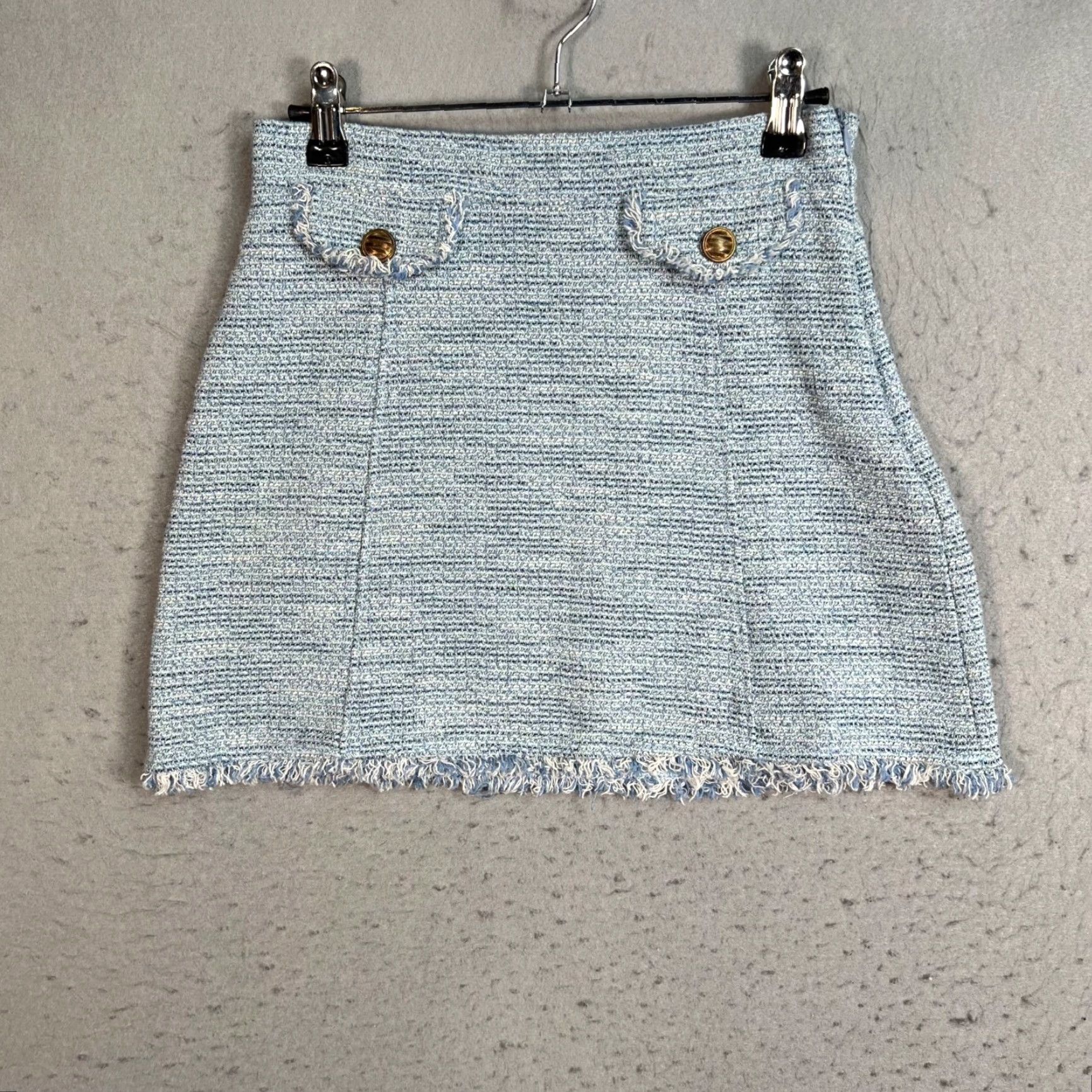 Zara Zara Skirt Womens Small Blue Tweed Mini With Fringe Hem & Gold Button Pockets - Adult Small - Cotton Polyester - Short Style Modern - Womens Size 28" / US 6 / IT 42 - 2 Thumbnail