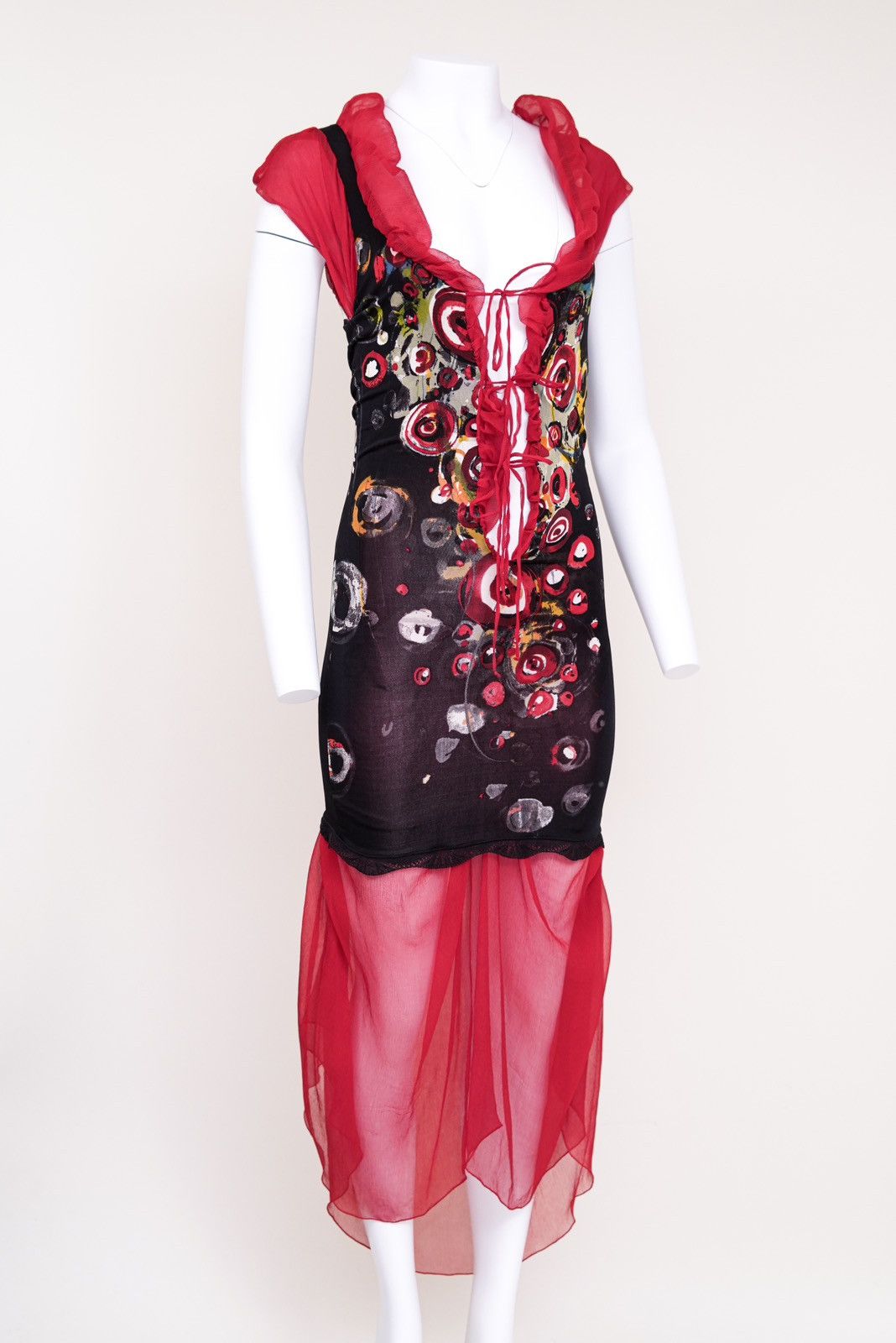 Jean Paul Gaultier Plunging Red Patterned Tie Bodycon Dress