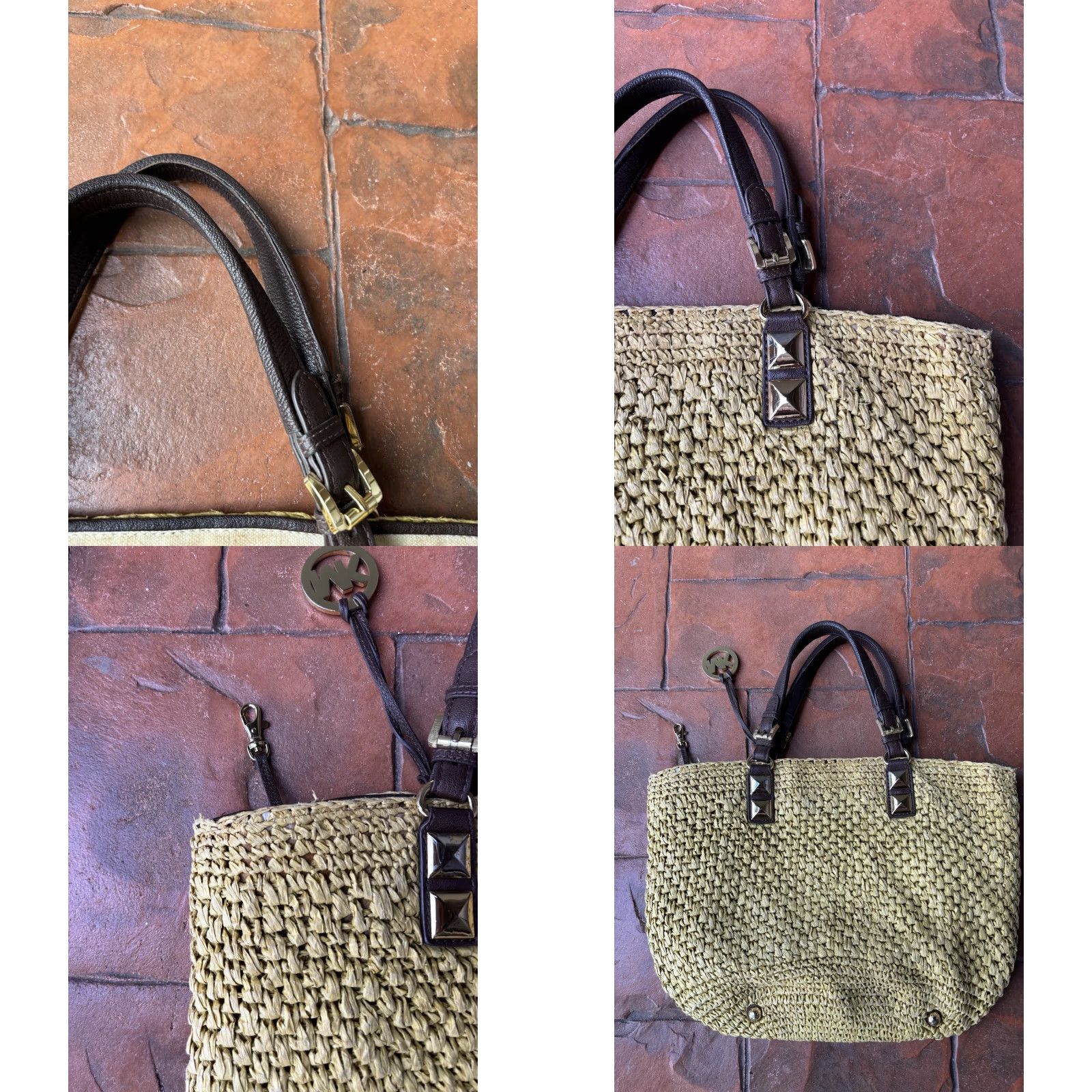 Michael Kors Michael Kors Woven Tote Bag Leather Trim Walnut Brown Beige Straw | Large | Women | Gold Hardware | Pouch Charm | Leather Lining Size ONE SIZE - 8 Thumbnail