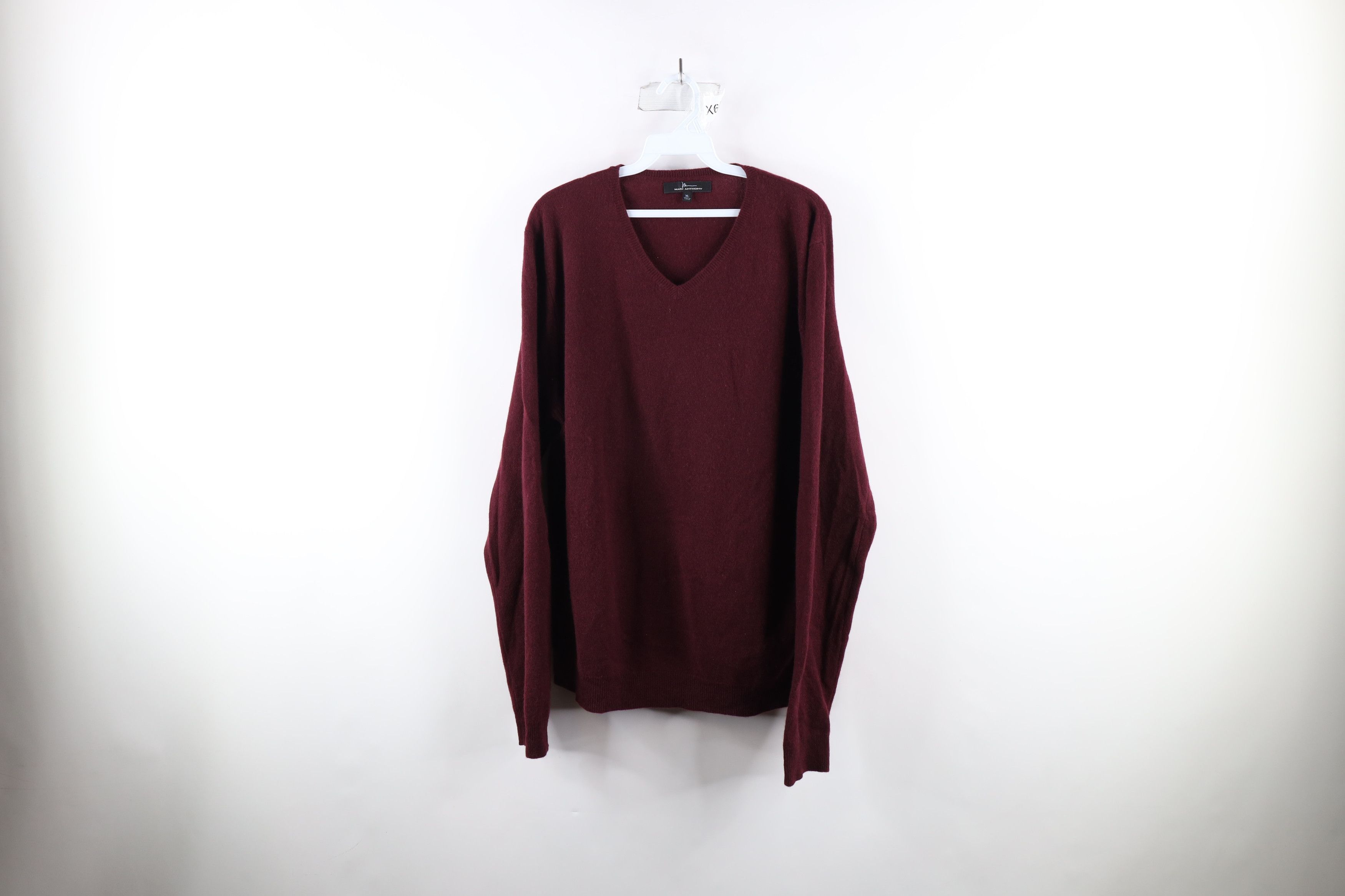 image of Vintage Knit Long Sleeve V-Neck Sweater Burgundy Red, Men's (Size XL)