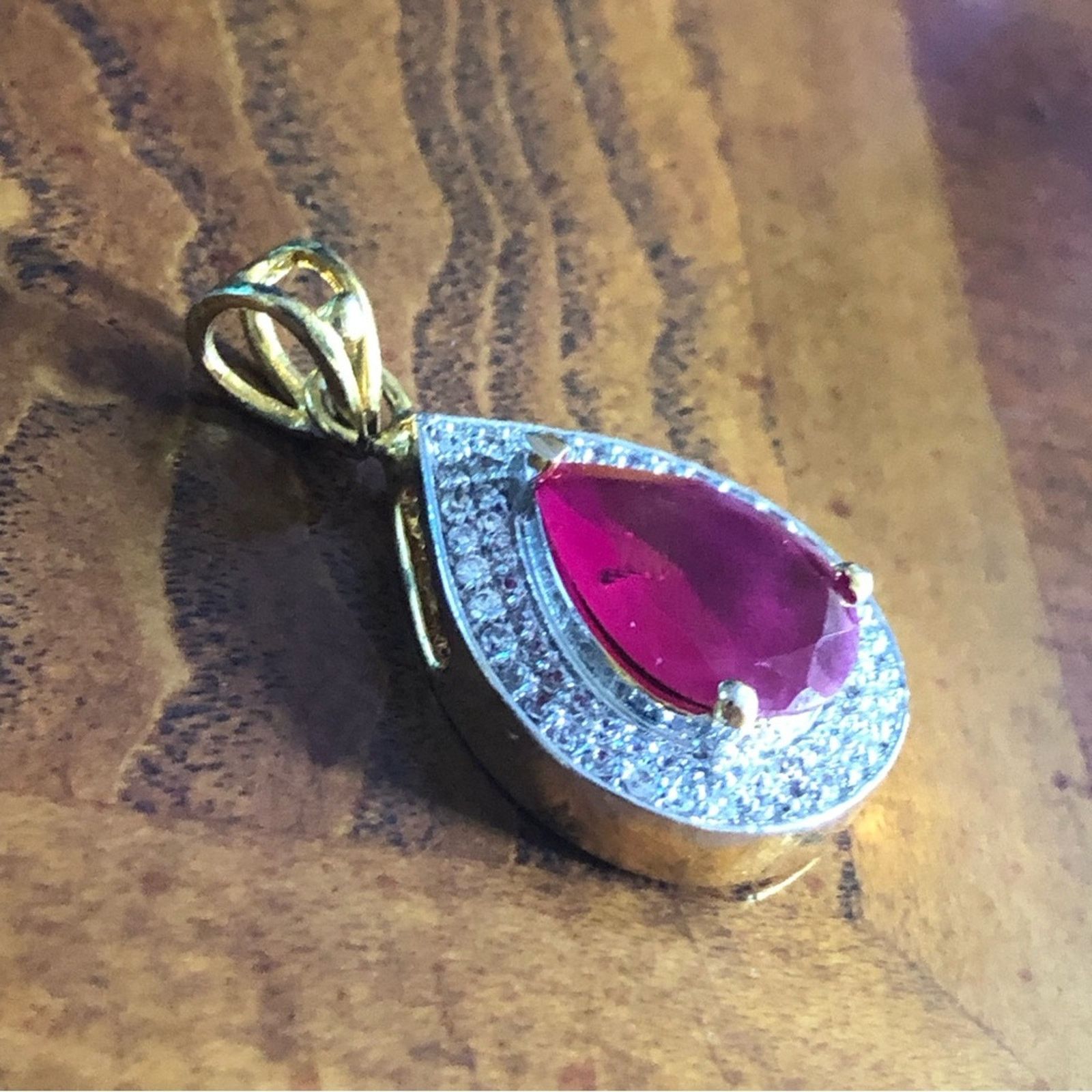 Vintage Teardrop natural oriental ruby cz halo gold vermeil pendant Size ONE SIZE - 2 Thumbnail