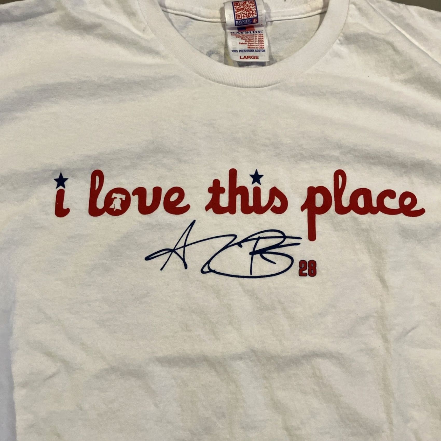 X-LARGE Bayside T-Shirt Philadelphia Baseball Alec Bohm I LOVE THIS PLACE White Large Short Sleeve Round Neck Graphic Tee Men Regular Cotton Size US L / EU 52-54 / 3 - 2 Thumbnail