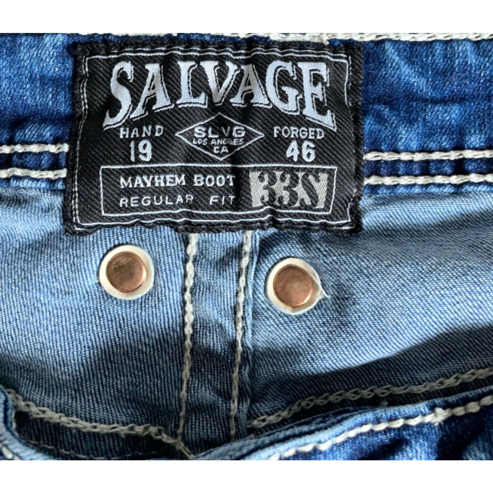 Vintage Buckle Salvage Mayhem Bootcut Jeans Men's 33S (Actual 34 x 29.5) Blue Low Rise Buckle Size US 33 - 3 Thumbnail