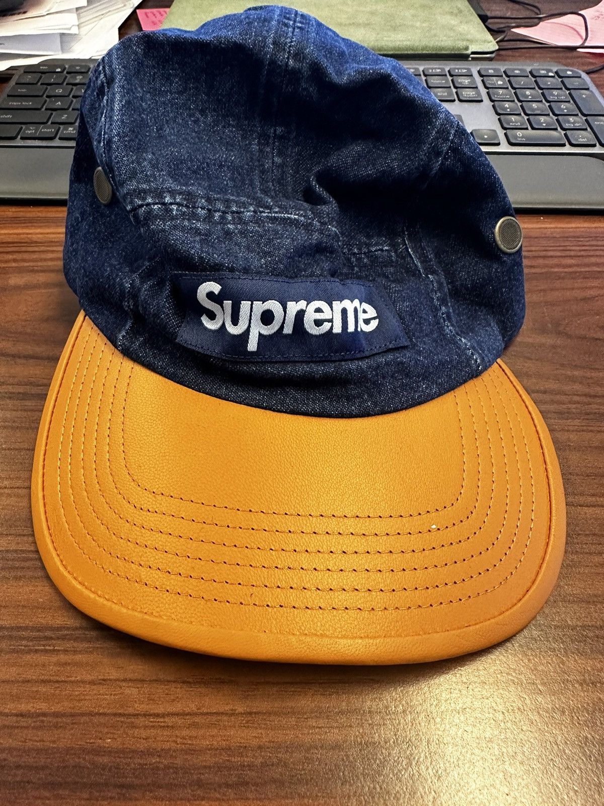 image of Supreme Denim 2 Tone Leather Hat in Blue, Men's