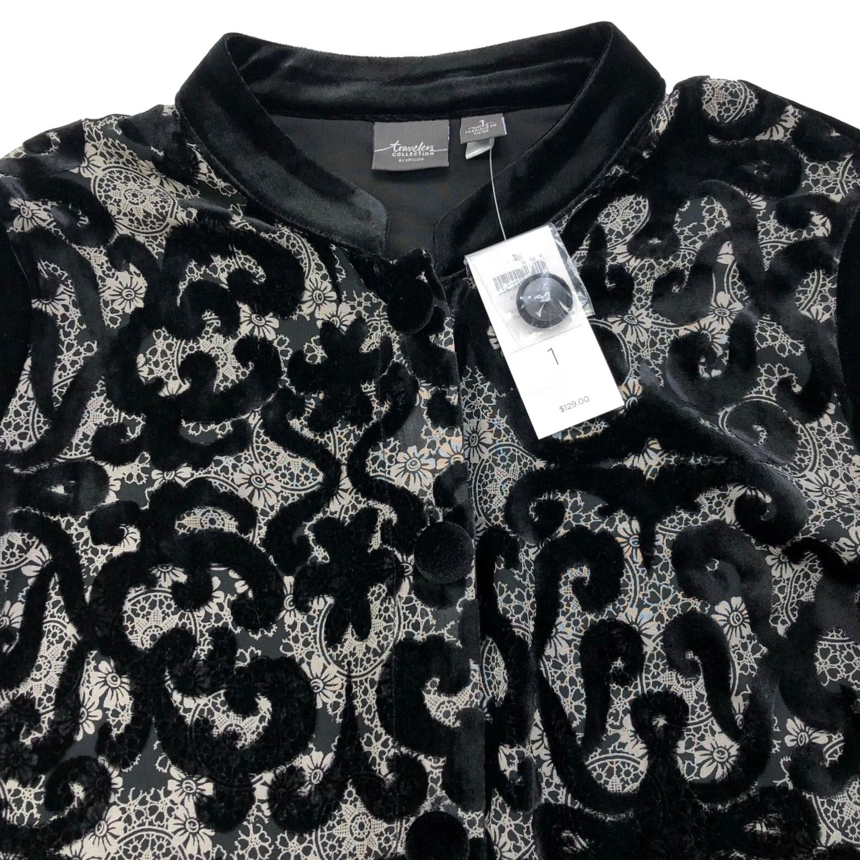 Vintage Chico's NEW Size 1 Velvet Patchwork Jacket Button Long Sleeve Shirt Shirt Womens Regular Black Geometric Button-Up 4 Seasons Casual Womens Size XS / US 0-2 / IT 36-38 - 2 Thumbnail