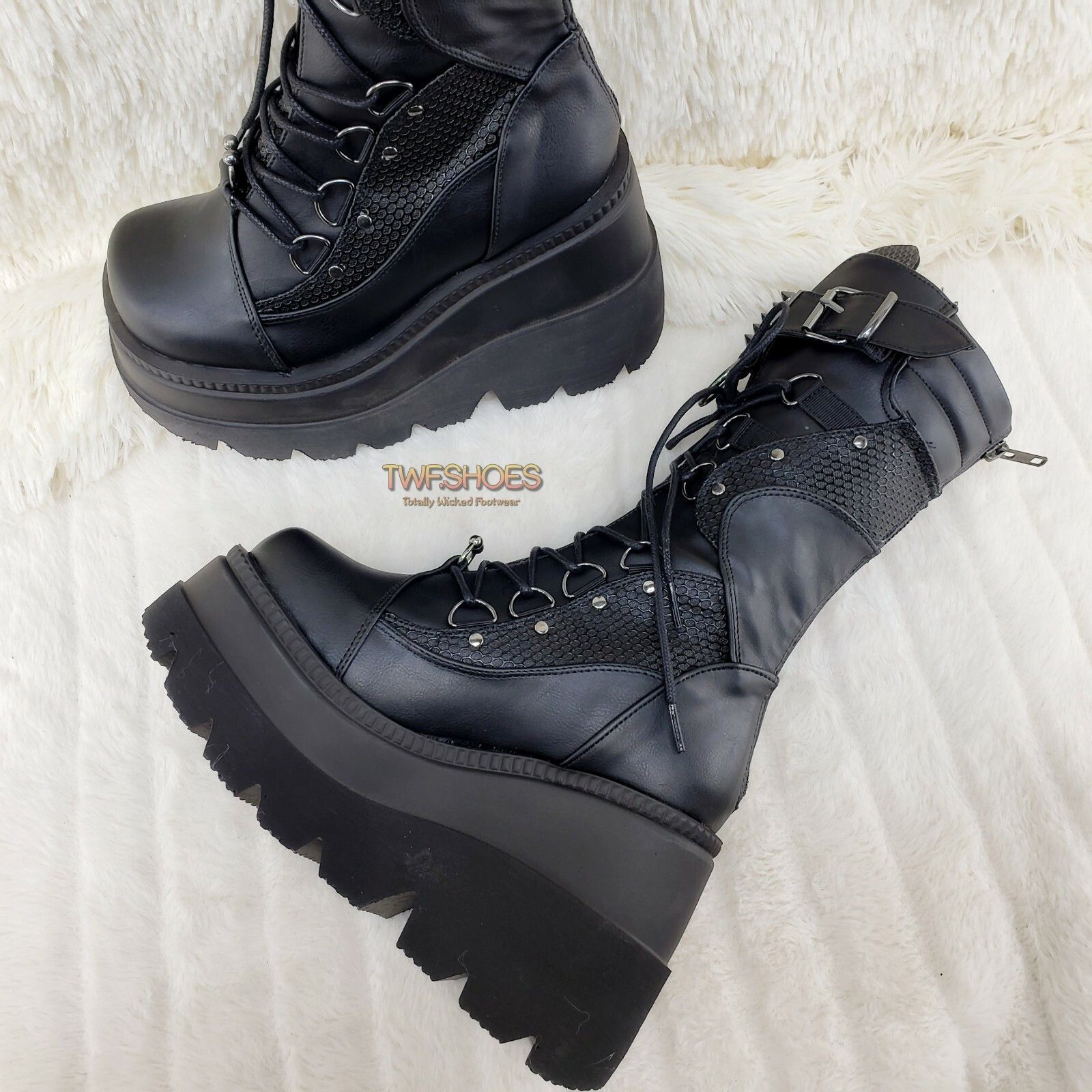 Demonia Cult DEMONIA Shaker 70 Black Platform 4.5" Wedge Mid Calf Goth Pu Size US 9 / IT 39 - 4 Thumbnail