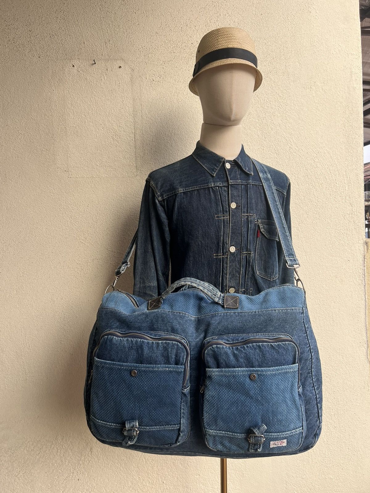 Vintage VTG Club House Japan Fade Denim Sashiko Cargo Huge 2 Way Bag Size ONE SIZE - 4 Thumbnail