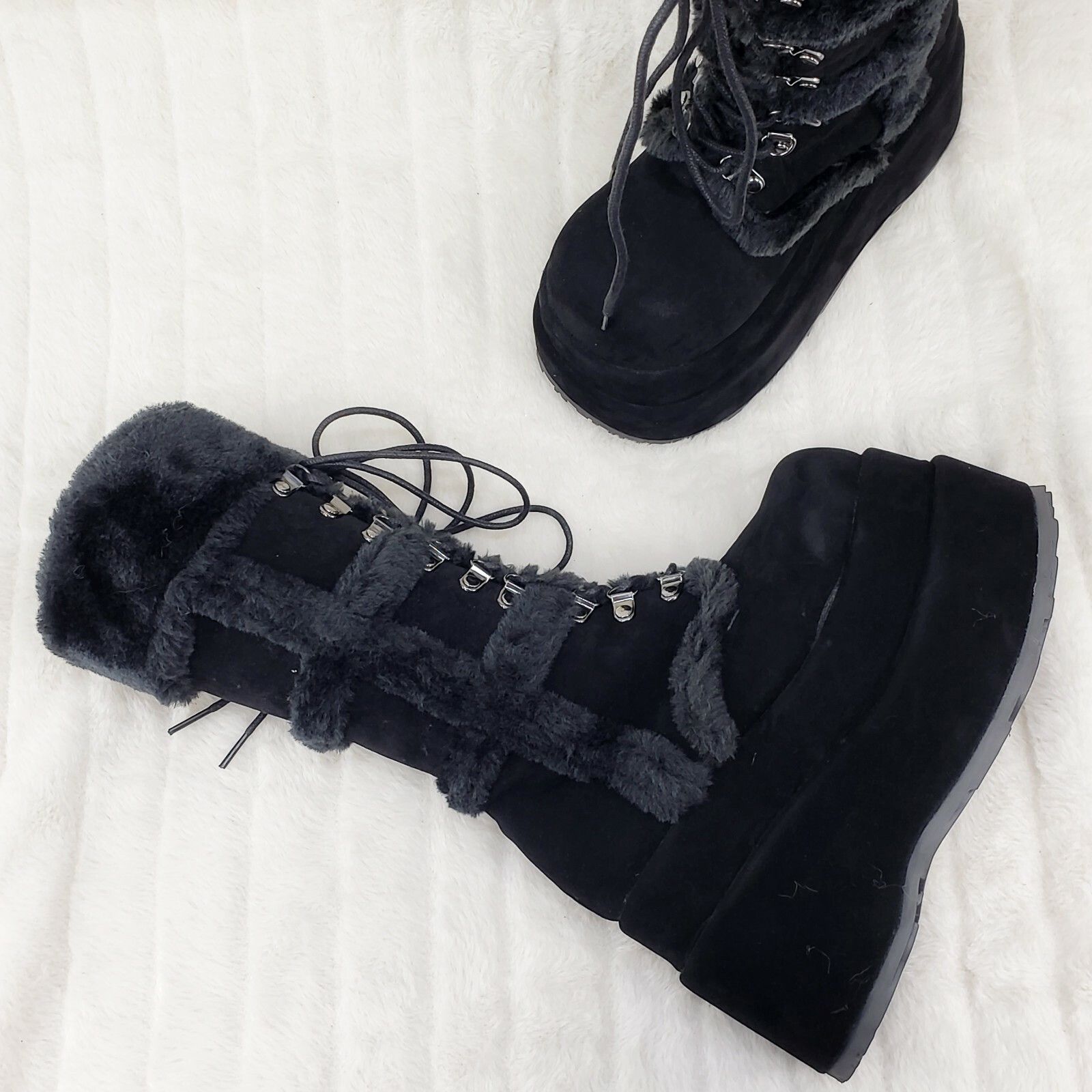 Other Bear 202 Black Faux Fur / Suede Platform Goth Punk Calf Boot Size US 11 / IT 41 - 5 Thumbnail