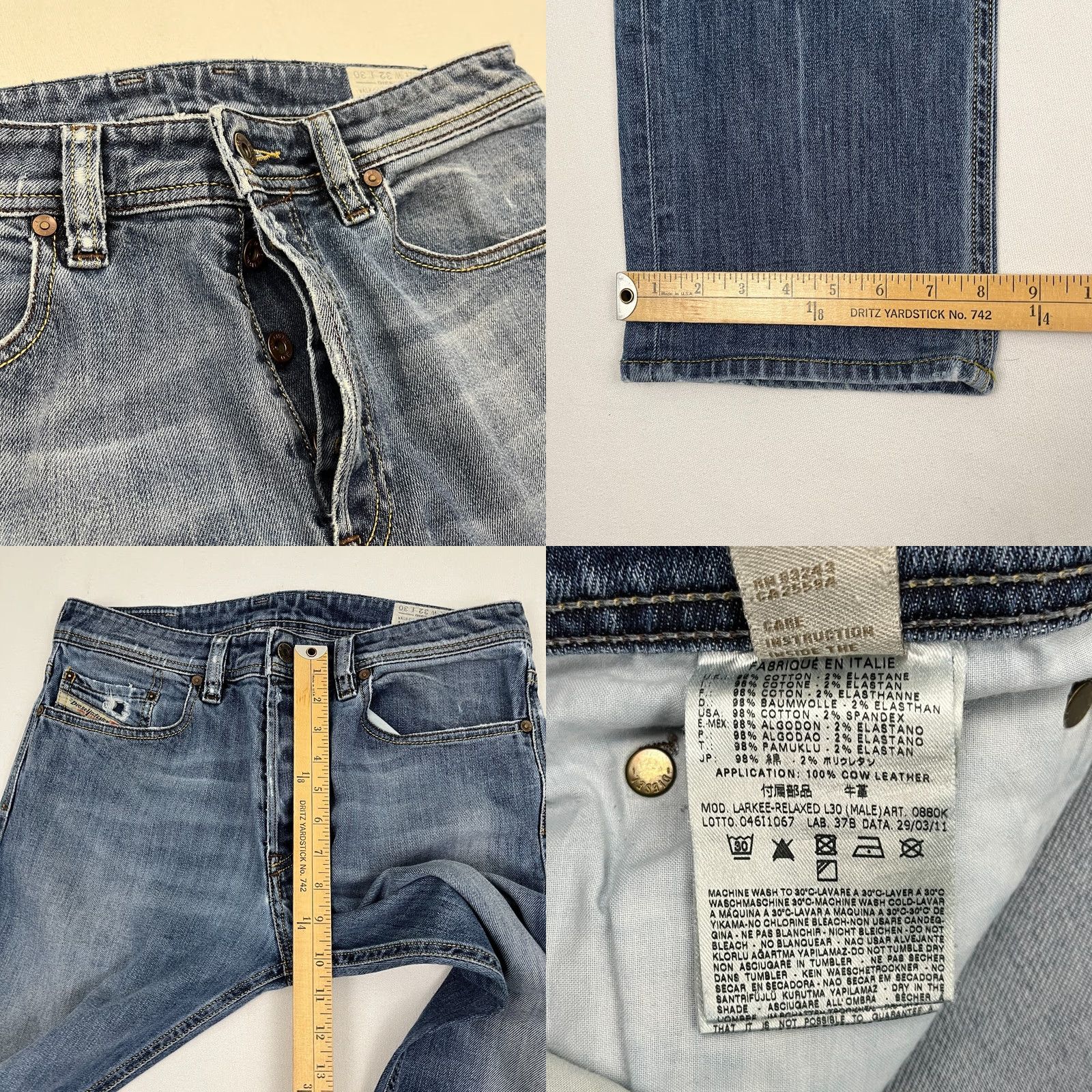 Diesel Diesel Larkee Jeans Mens 32 x 27 Relaxed Straight Stretch Denim Blue 5-Pocket Zipper Button Distressed Comfort Retro Grunge Y2K Classic Jeans Mens Size US 32 / EU 48 - 8 Thumbnail