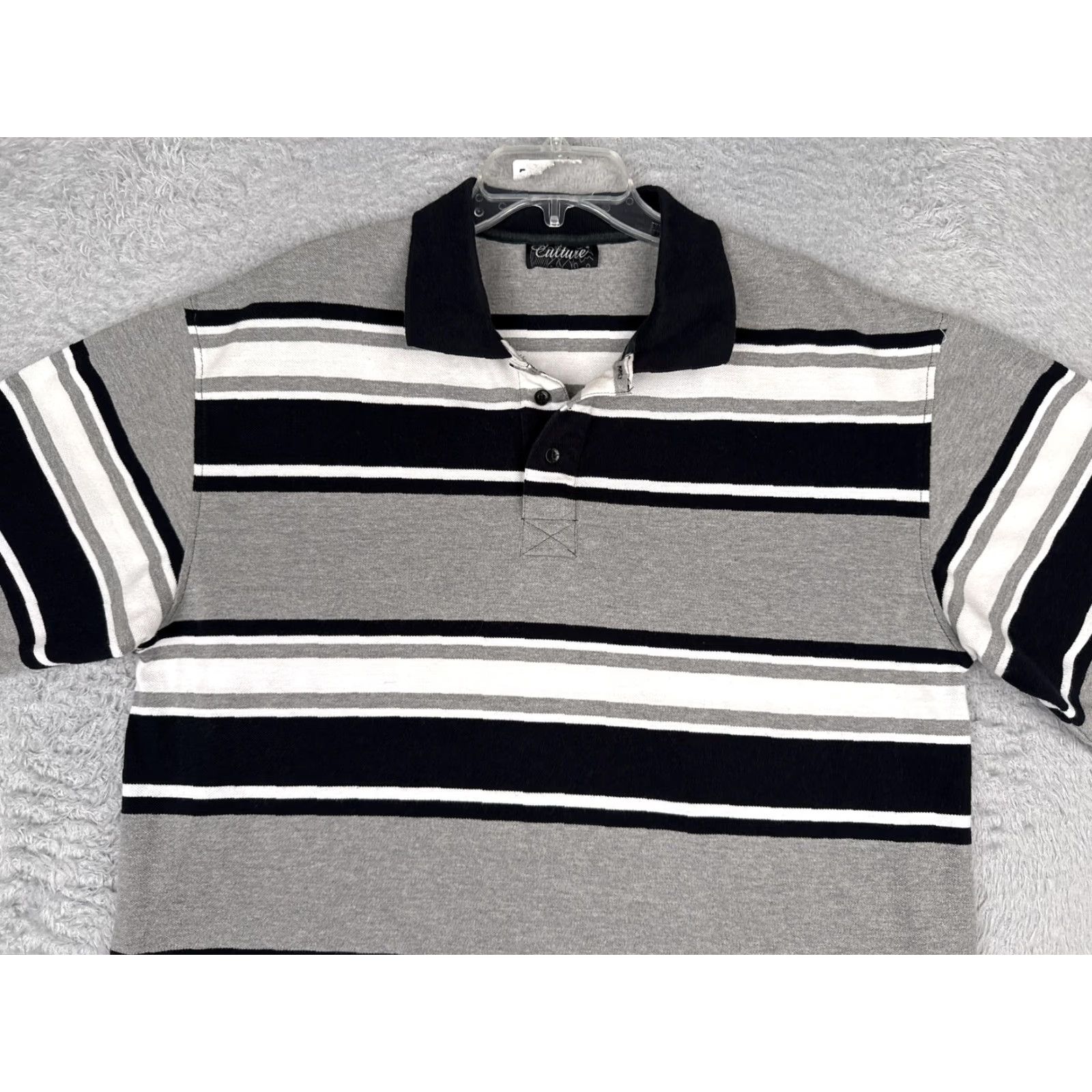 Vintage VINTAGE Culture Polo Shirt Mens L Gray Black White Striped Knit Short Sleeve Size US L / EU 52-54 / 3 - 4 Thumbnail