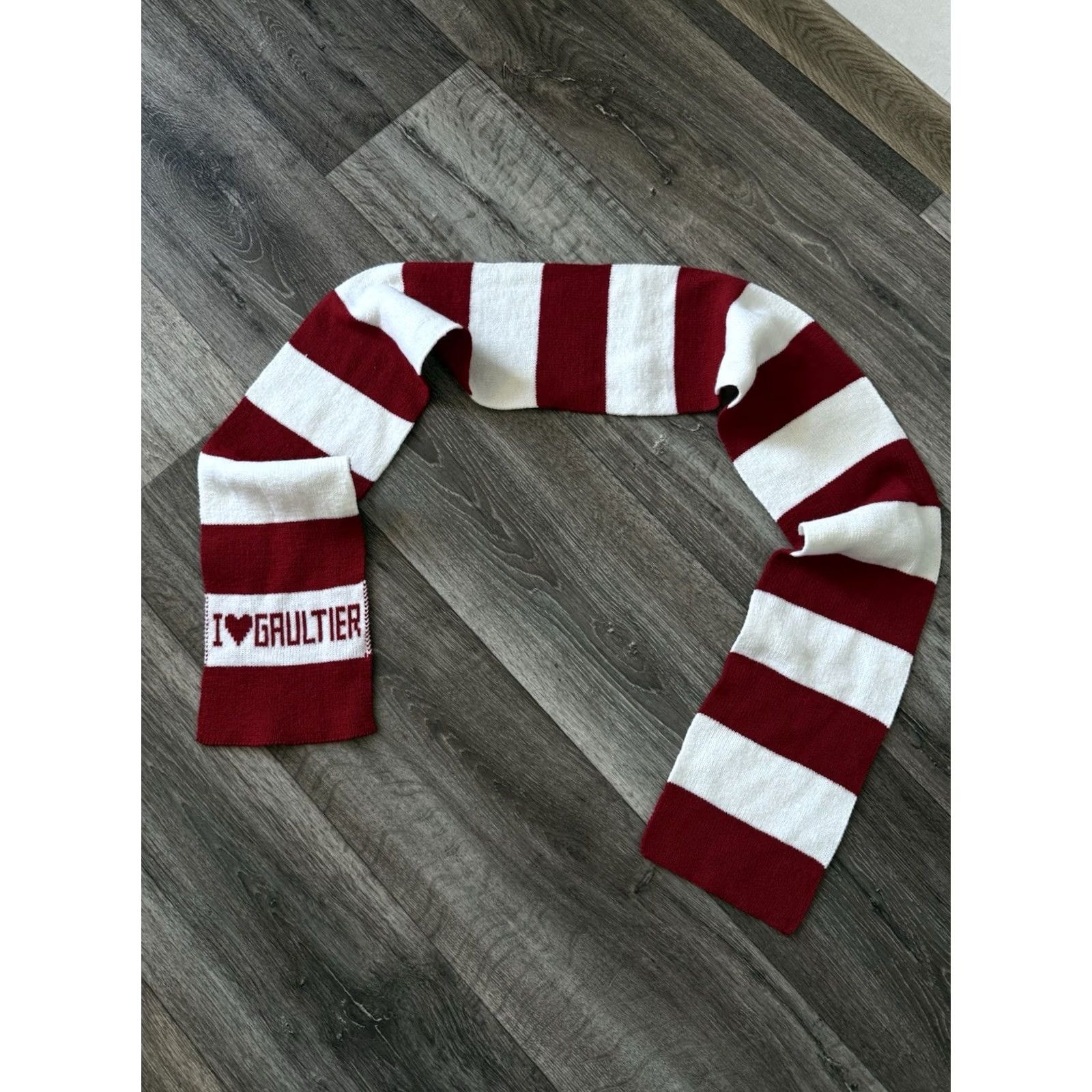 Jean Paul Gaultier VINTAGE Jean Paul Gaultier Scarf I LOVE GAULTIER Red White Striped Knit Square Unisex Neck Warmer Logo 90s Love Gaultier Scarf Mens Womens Size ONE SIZE - 2 Thumbnail