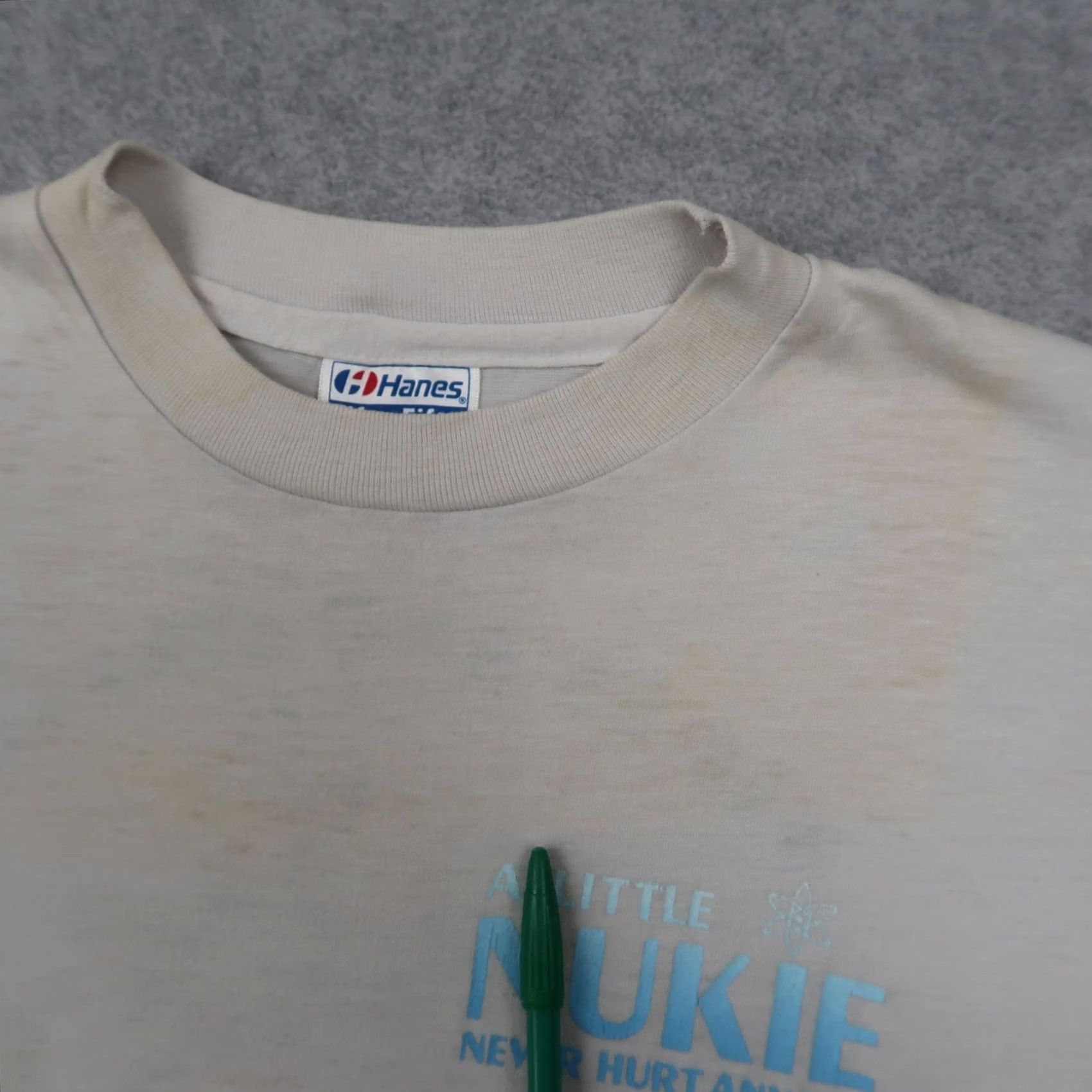 Hanes Vintage Nuke Never Hurt Anyone Nuclear BSEP T-Shirt Mens M Medium Ivory USA Size US M / EU 48-50 / 2 - 5 Thumbnail