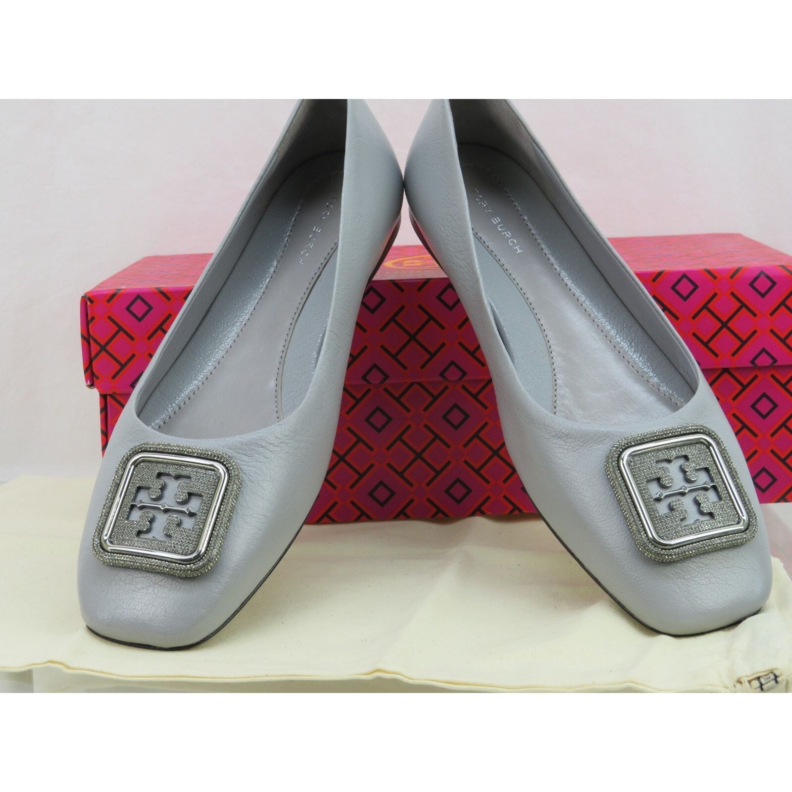 Tory Burch TORY BURCH GEORGIA GRAY LEATHER LOGO GRYSTALS REVA FLATS 9 Size US 9 / IT 39 - 1 Thumbnail