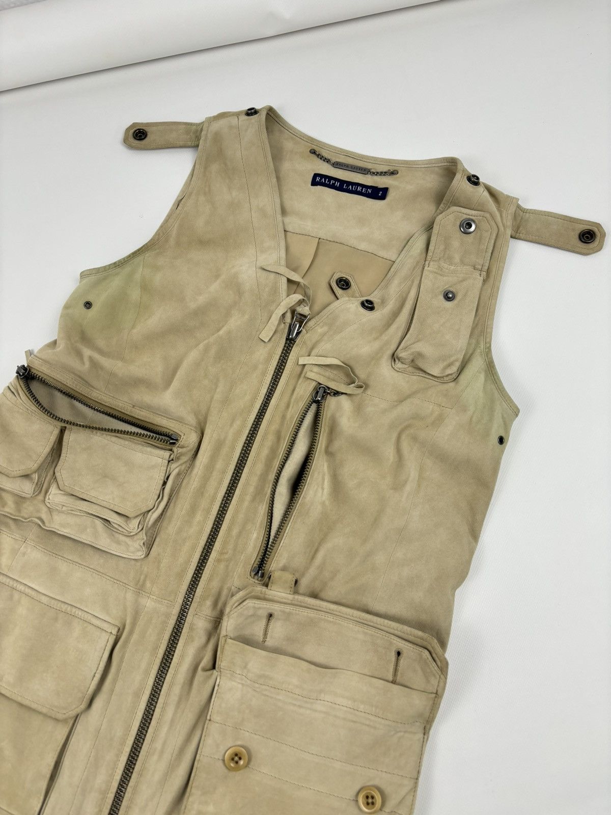 RRL Ralph Lauren × Ralph Lauren × Ralph Lauren Purple Label VTG 90's RALPH LAUREN Suede-Leather Multi-Pocket Zip Gilet Cargo Vest Jacket 2 Size XS / US 0-2 / IT 36-38 - 9 Thumbnail