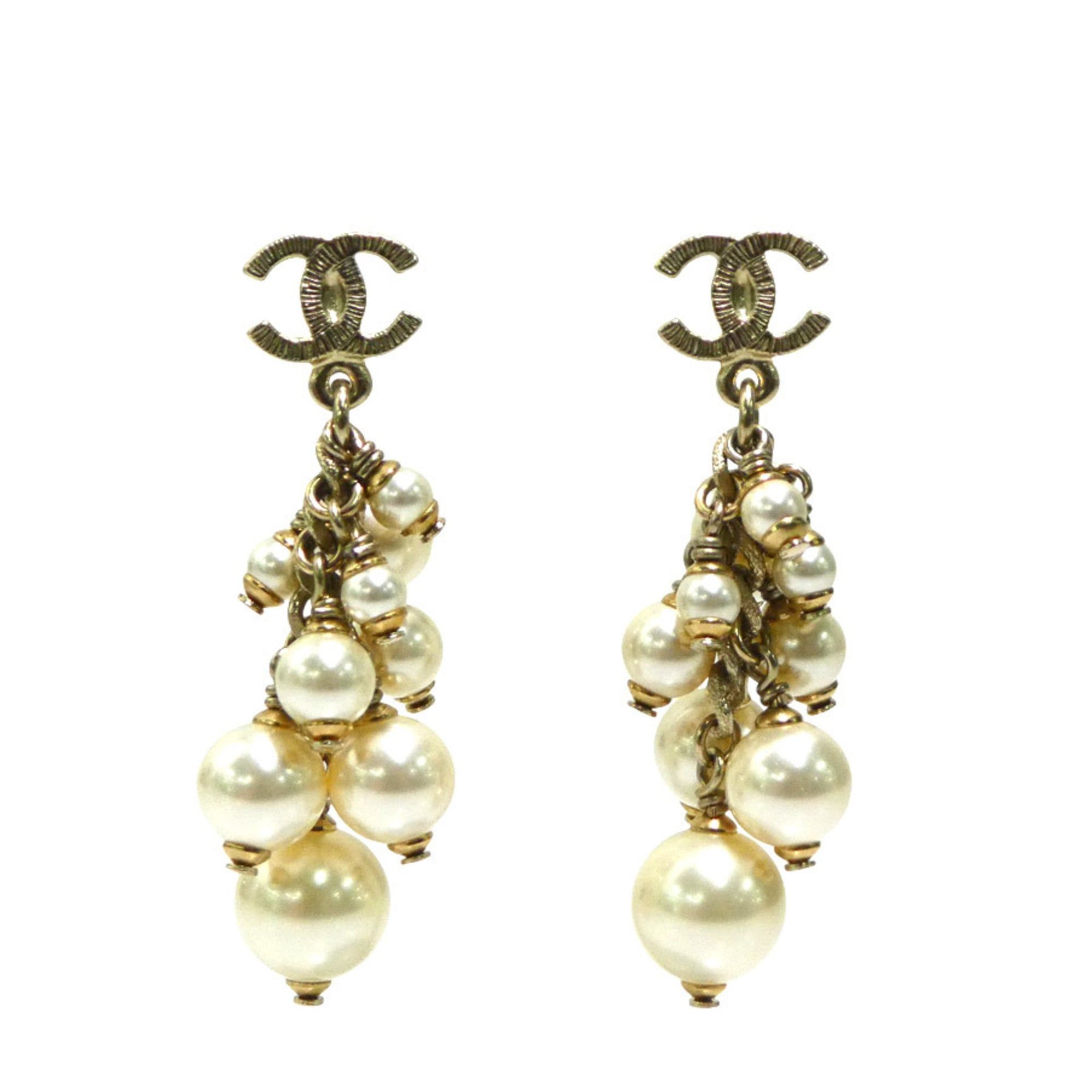 Chanel CHANEL Coco Mark Metal/Faux Pearl Earrings, Gold/Off-White, Women's, e61367a Size ONE SIZE - 1 Thumbnail