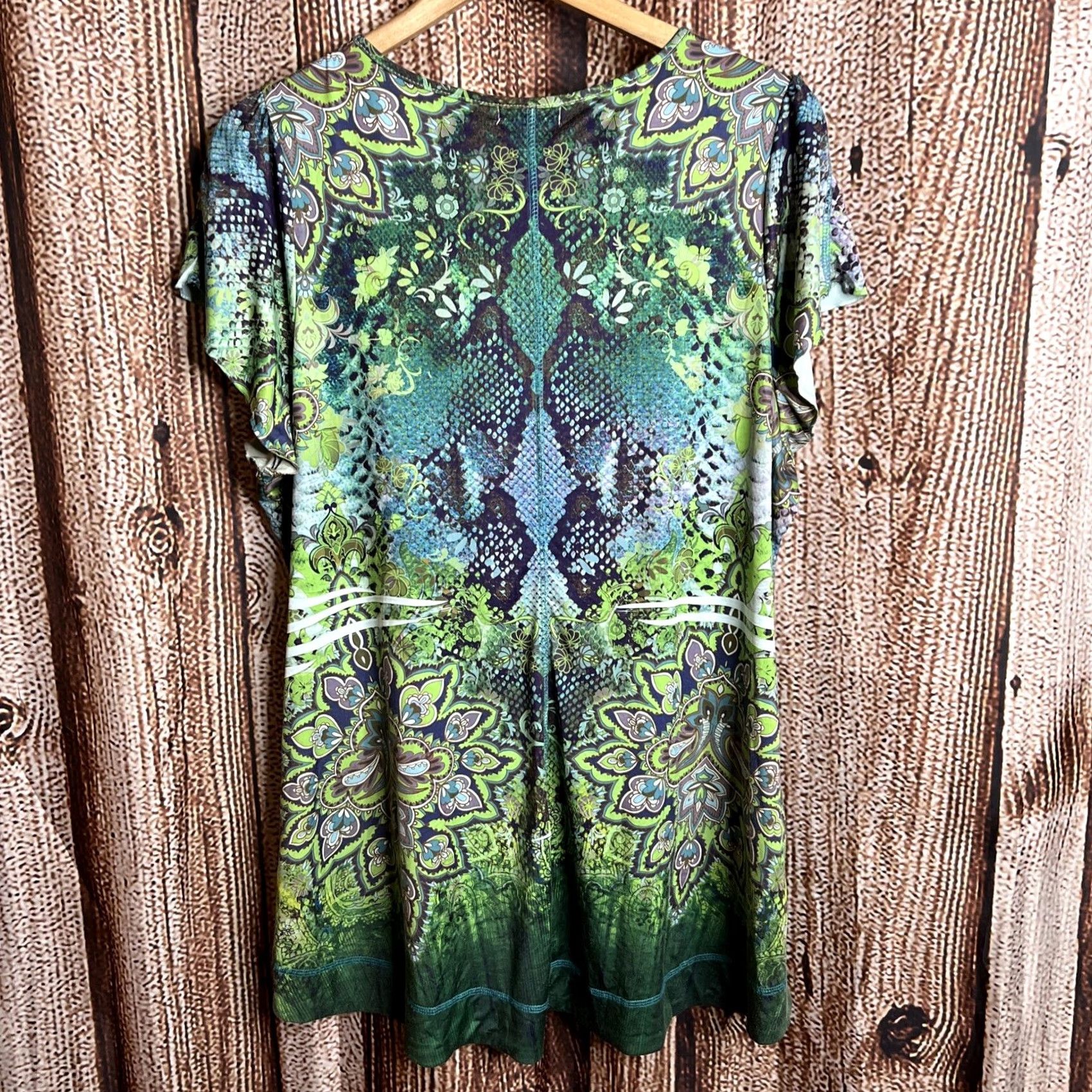 Vintage One World Plus 1X Floral Printed Sublimation Top Green Short Sleeve V-Neck Blouse Womens Size XL / US 12-14 / IT 48-50 - 4 Thumbnail