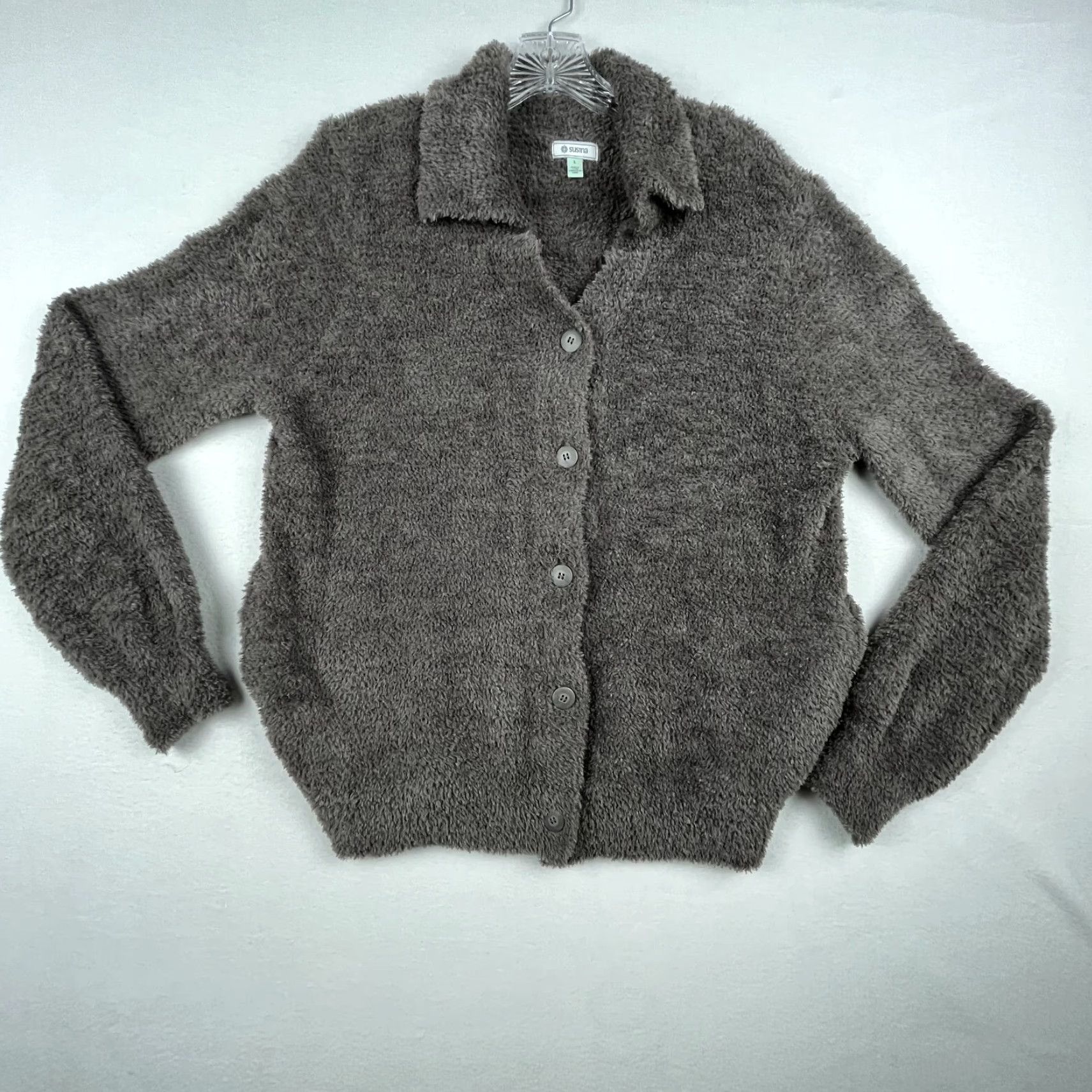 Vintage Susina Cardigan Sweater Womens Large Gray Brown Polyester Plush Classic Collared Size L / US 10 / IT 46 - 4 Thumbnail