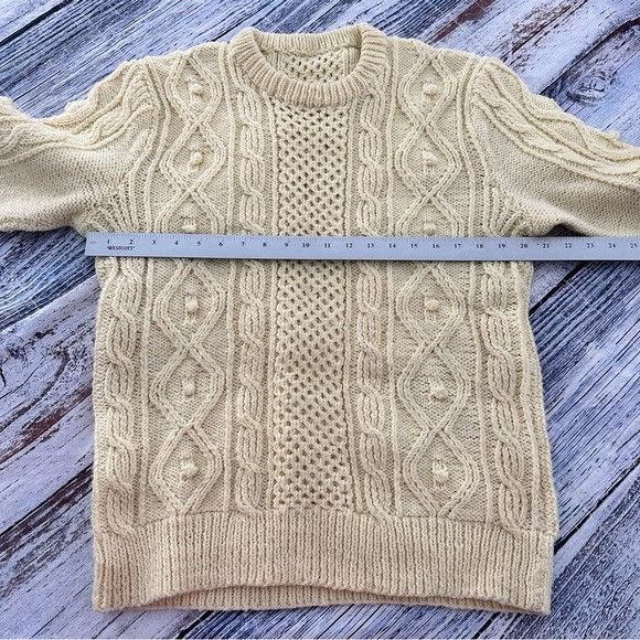 Handmade Hand Knit Cream Fisherman Cable Knit Wool Sweater Size US S / EU 44-46 / 1 - 7 Thumbnail