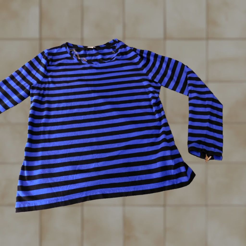 Anne Klein Anne Klein Womens Blouse XL Blue Striped Crew Neck Pullover Stretch Bell Sleeve Long Sleeve Casual Regular Size XL / US 12-14 / IT 48-50 - 1 Thumbnail