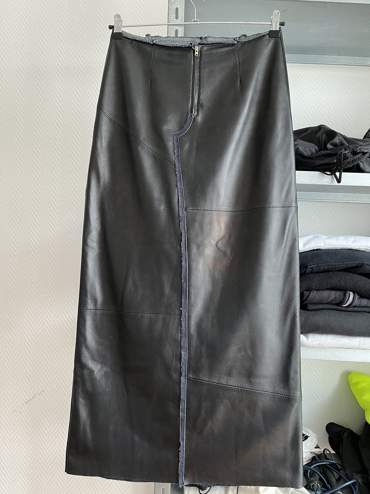 image of Maison Margiela Aw1999 Leather Denim Maxi Skirt in Black, Women's (Size 30)