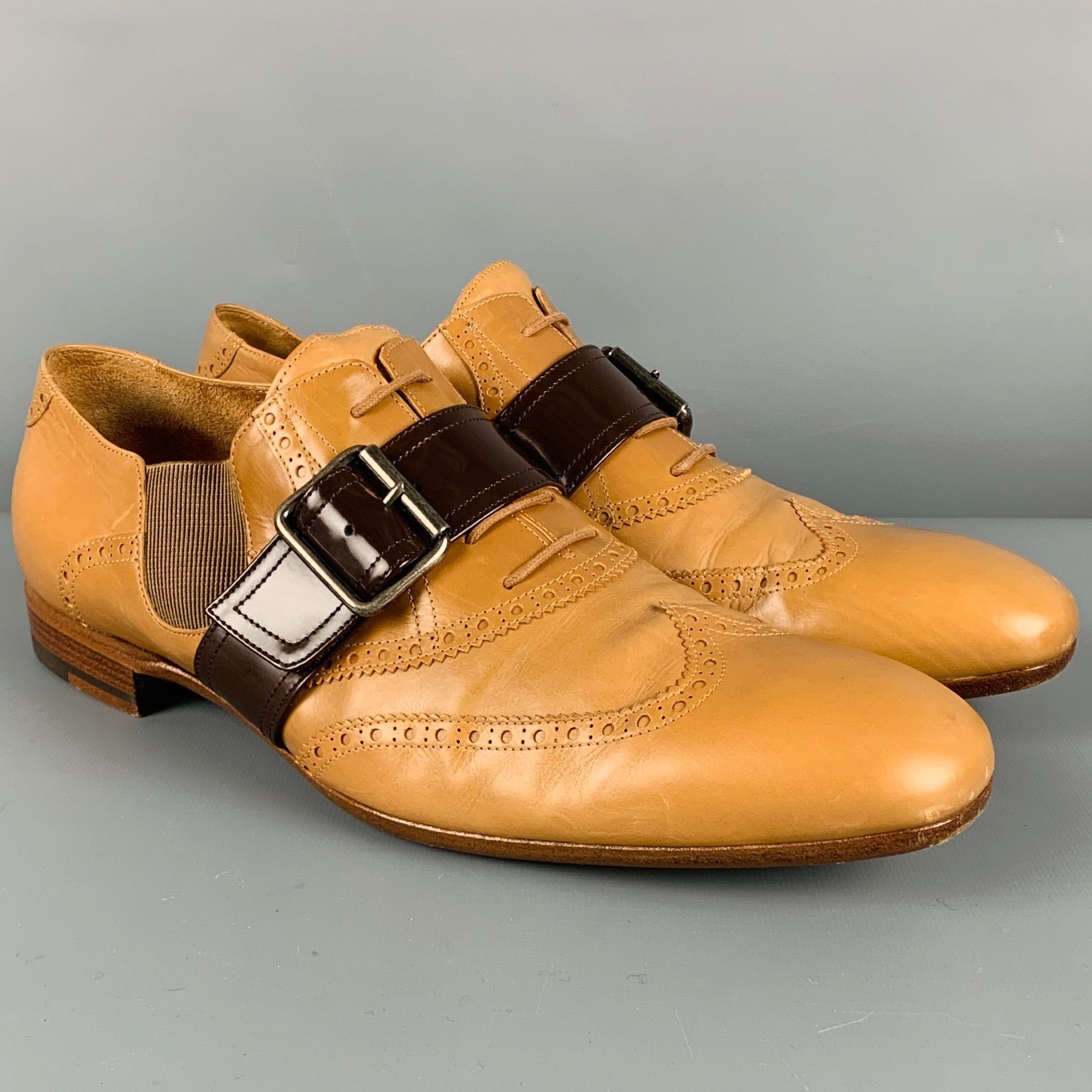 image of Dries Van Noten Tan Brown Wingtip Leather Belted Lace Up Shoes, Men's (Size 10)