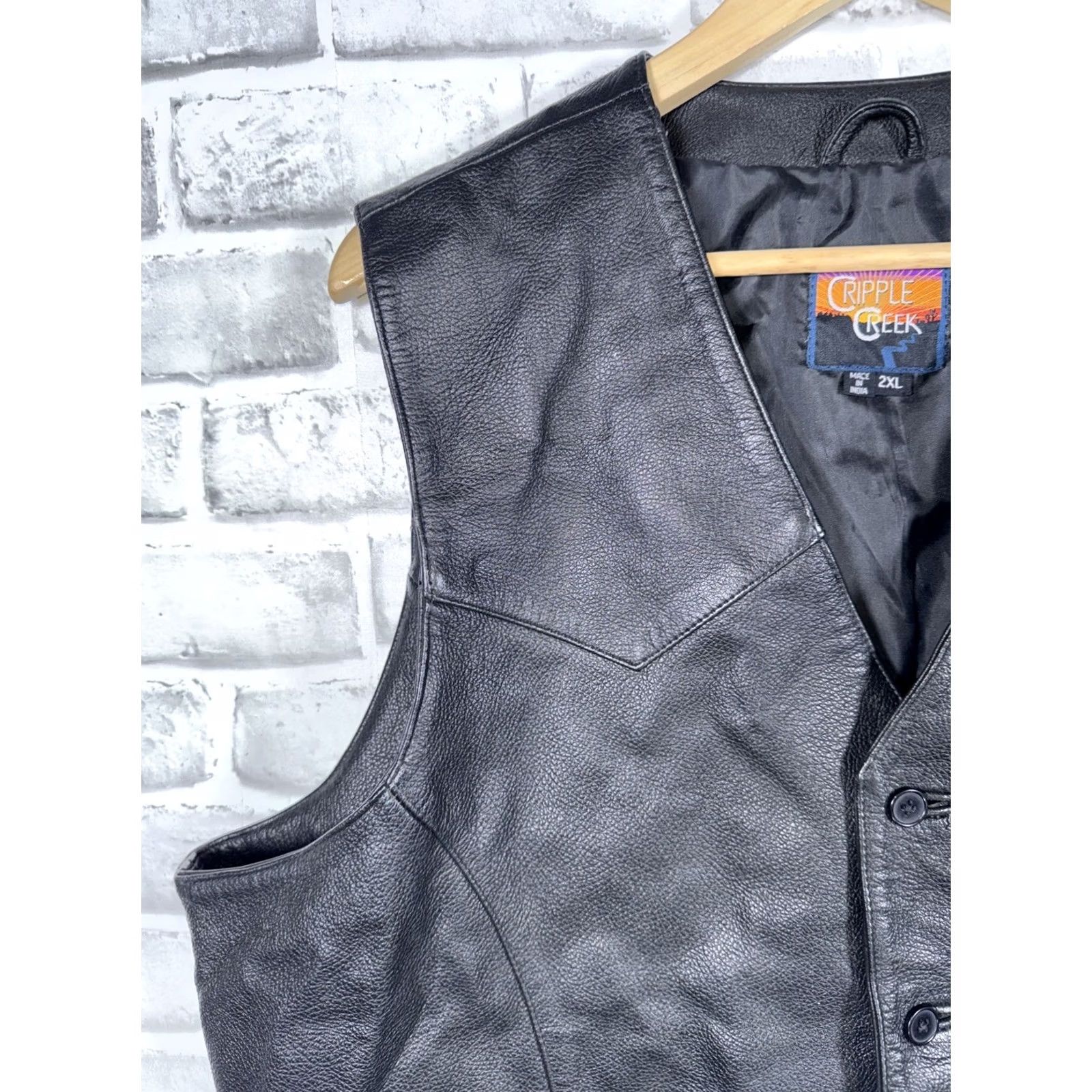 Vintage Cripple Creek Black Leather Vest Biker Cowboy Western 2XL Mens Tall Vest Pockets Lined Solid Mid-Length Button Closure Size US XXL / EU 58 / 5 - 4 Thumbnail