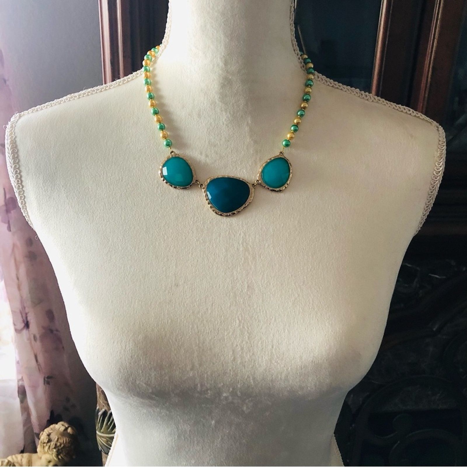 Handmade Handcrafted repurpose teal green dome glass Pearl necklace Size ONE SIZE - 5 Thumbnail