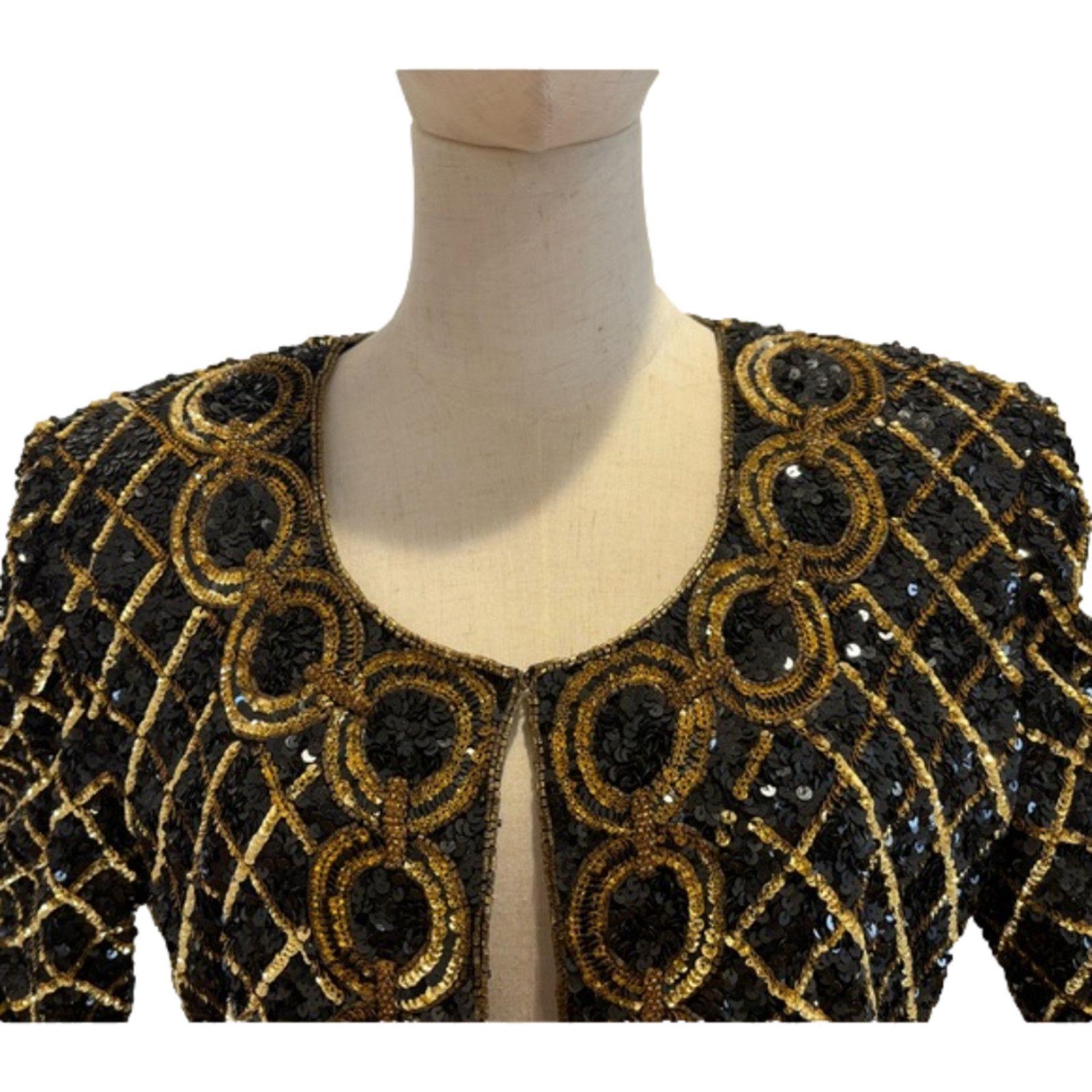 Designer VTG niteline silk SEQUIN beaded jacket gold black kazar Size L / US 10 / IT 46 - 4 Thumbnail