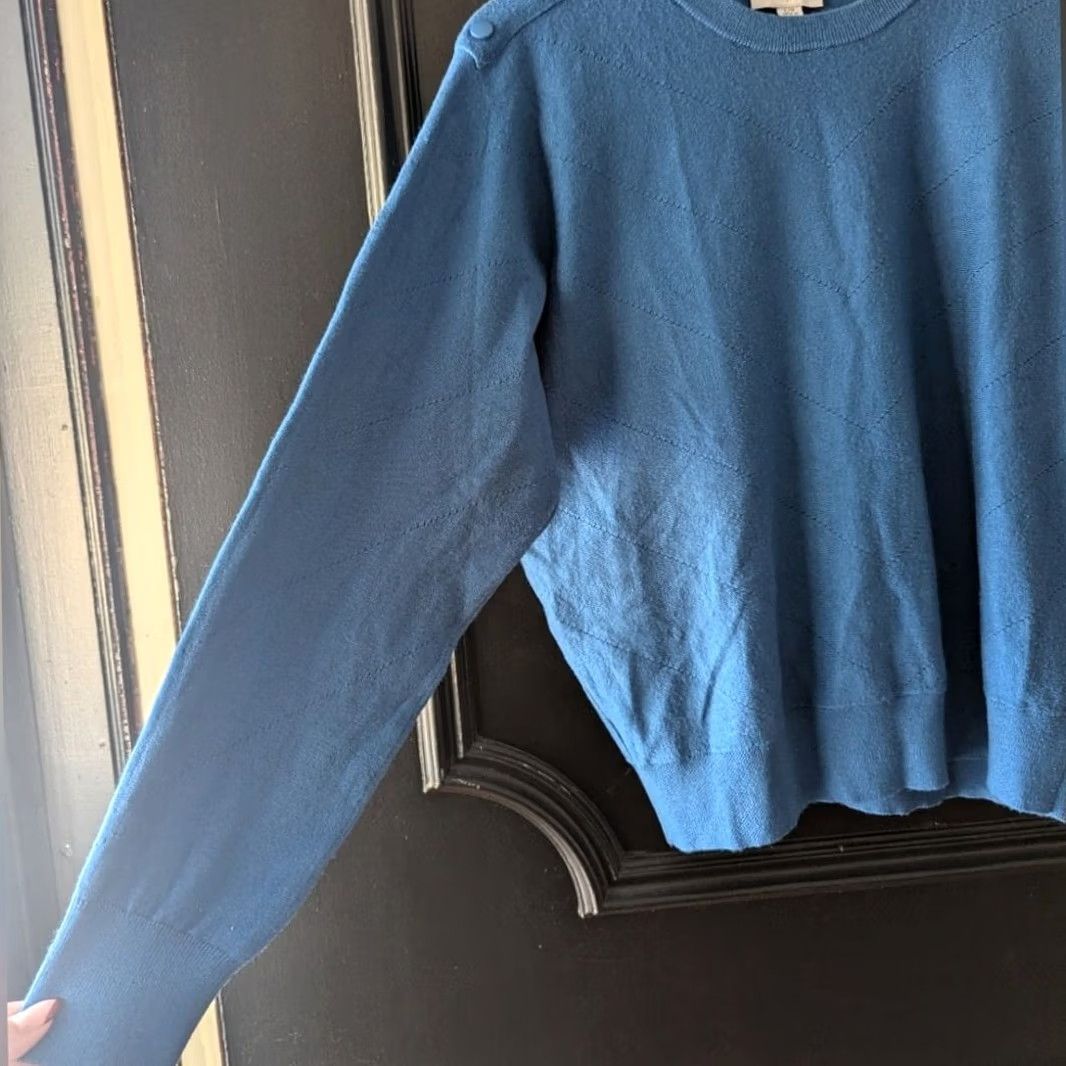 Vintage Carmen Marc Valvo Blue Chevron Pointelle Knit Shoulder Button Sweater Large Size L / US 10 / IT 46 - 5 Thumbnail