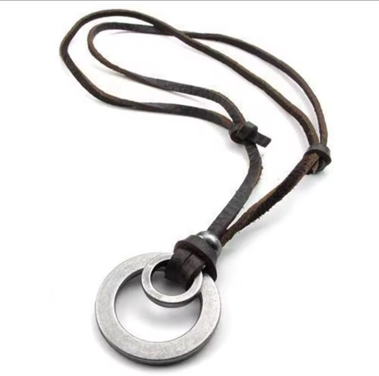 Leather Vintage Handmade Leather Double Ring Adjustable Necklace Size ONE SIZE - 3 Thumbnail
