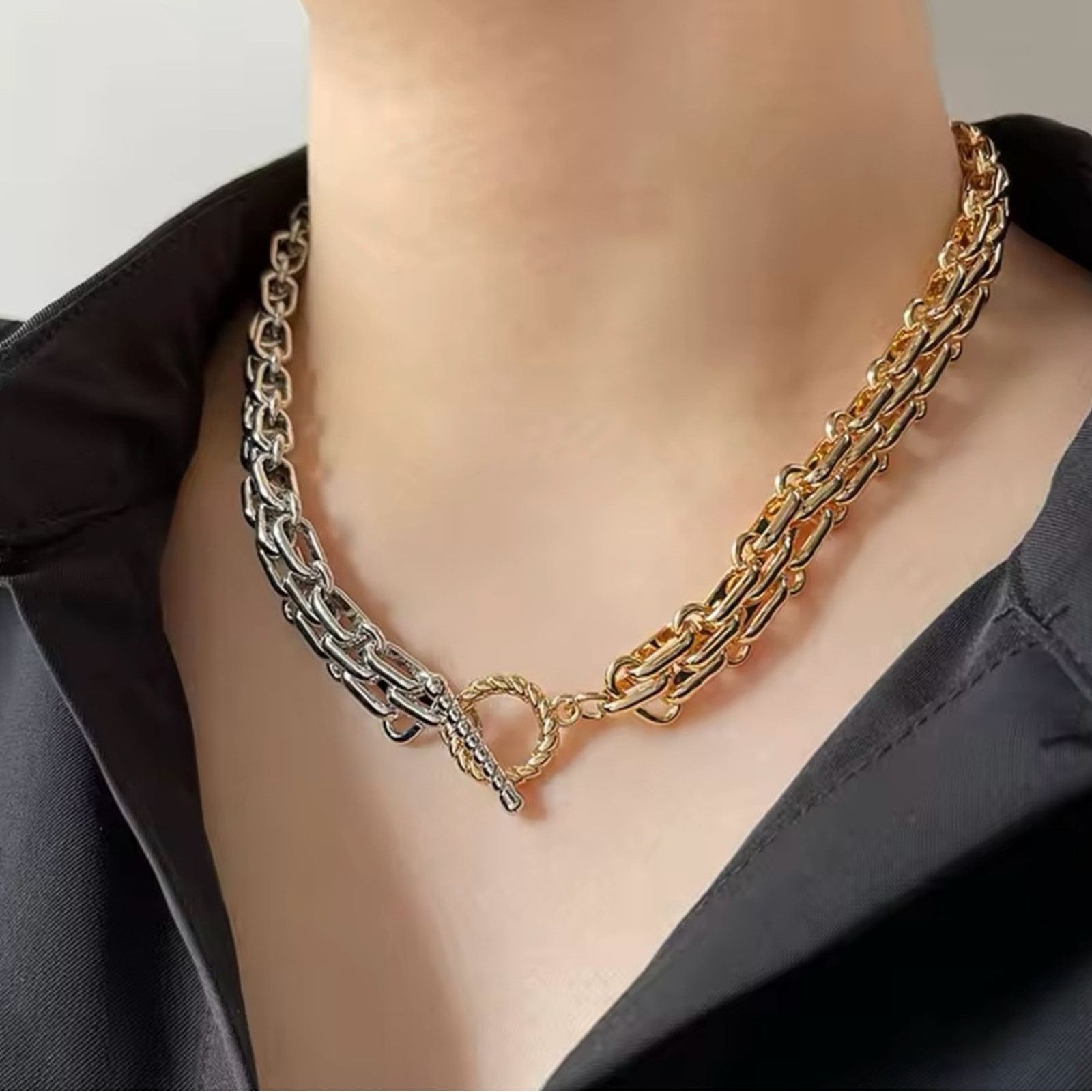 Other Two Tone Thick Wide Link Chains Chunky Necklace for Woman Size ONE SIZE - 2 Thumbnail