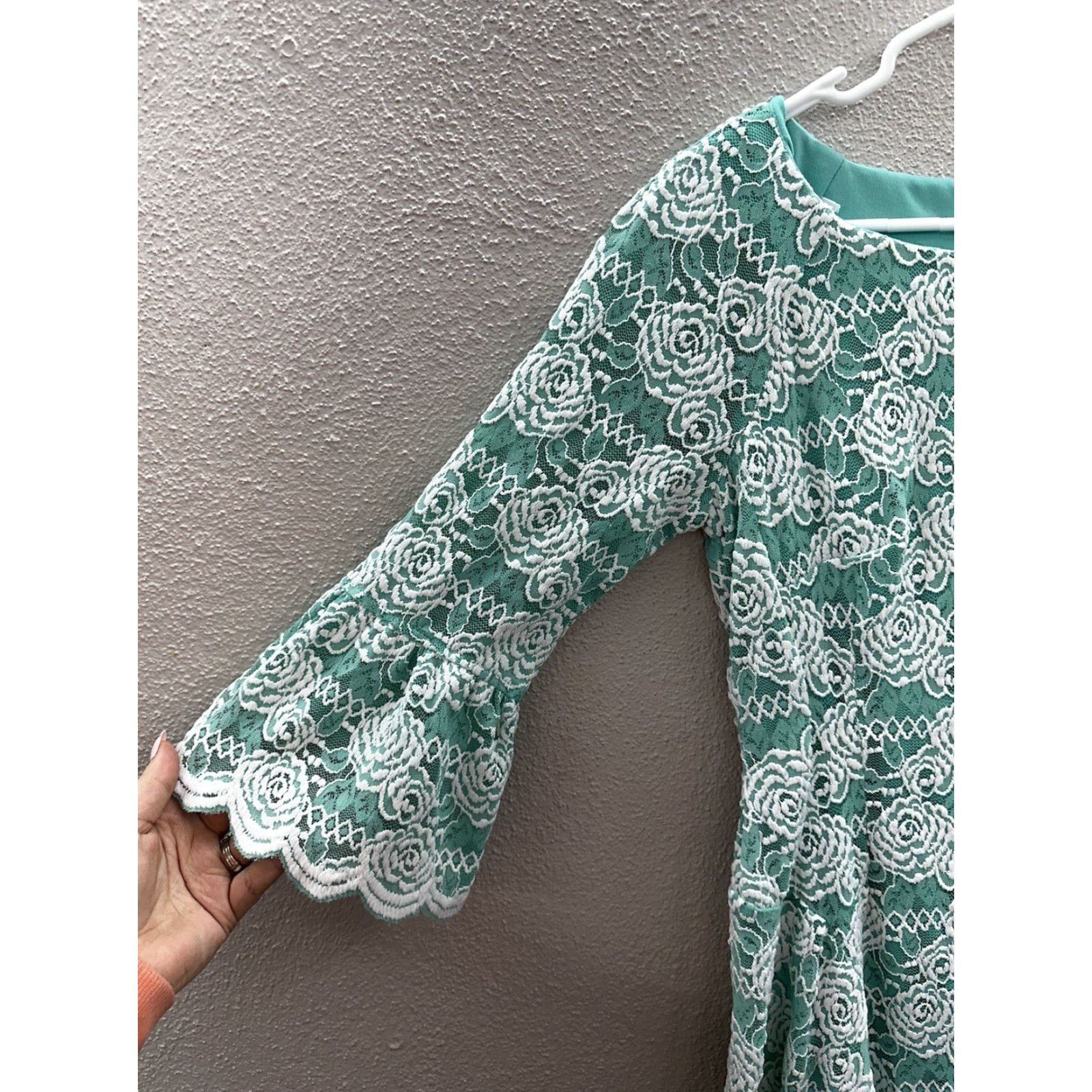Vintage Rabbit Womens Dress Teal White Lace 3/4 Bell Sleeve Knee Length Size 4 Vintage No Floral Bohemian Designer Style Dresses Size S / US 4 / IT 40 - 2 Thumbnail
