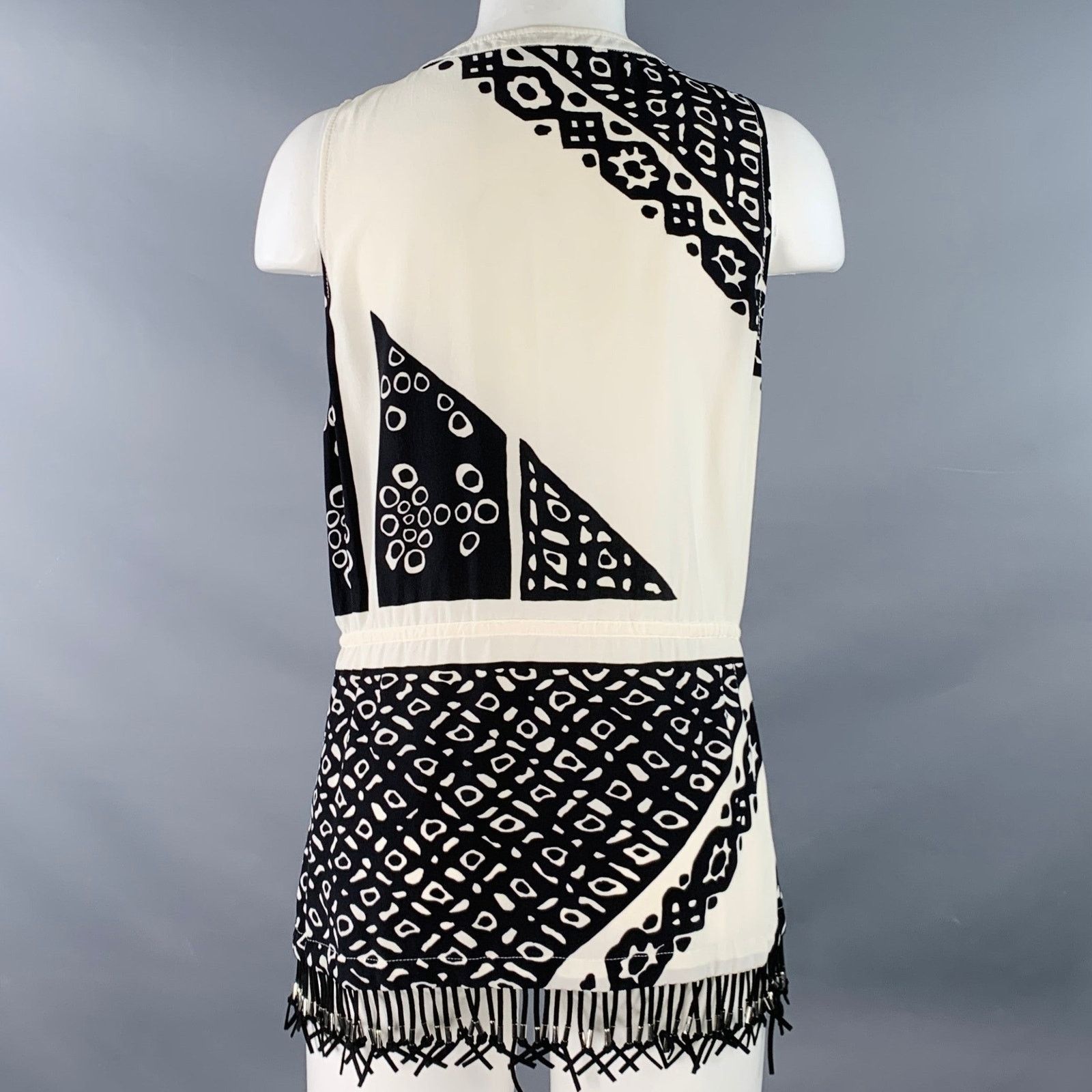 Altuzarra ALTUZARRA Black Cream Abstract Sleeveless Fringe Casual Top Size M / US 6-8 / IT 42-44 - 4 Thumbnail