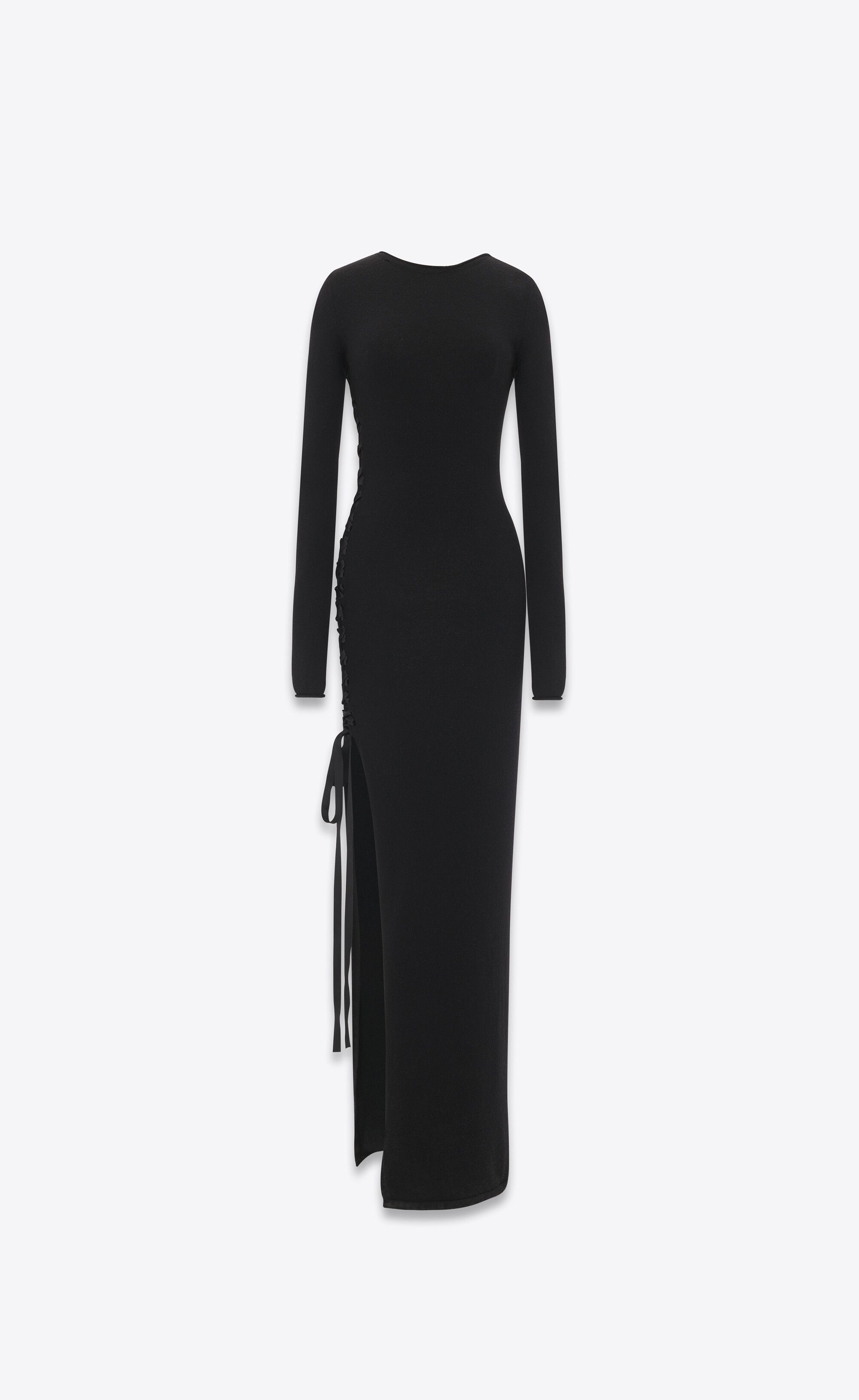 Saint Laurent Paris o1s1wg110125 756838 Long Lace-Up Dress in Wool in Black Size L / US 10 / IT 46 - 1 Thumbnail