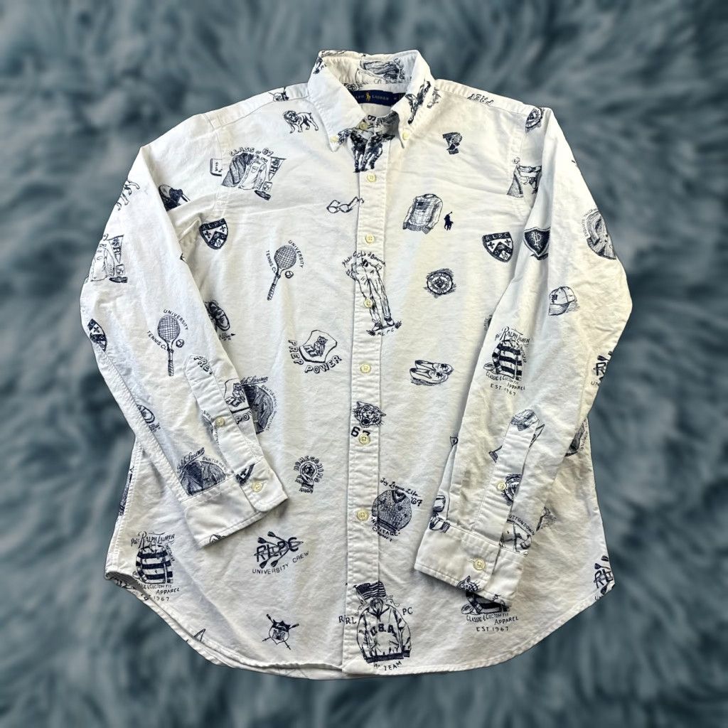 Ralph Lauren Ralph Lauren Shirt Mens Medium White Blue All Over Print Preppy Oxford Shirt Size US M / EU 48-50 / 2 - 1 Thumbnail